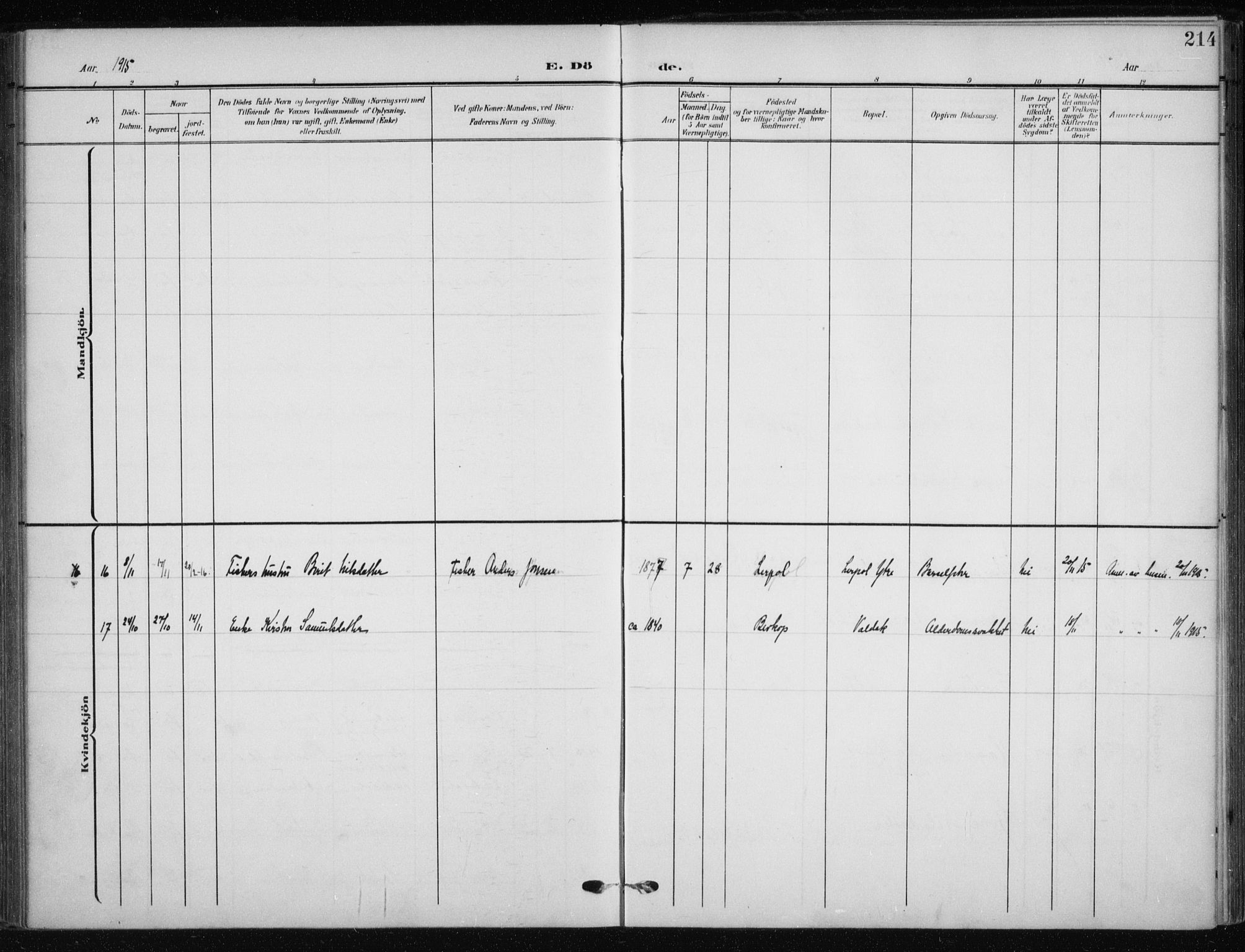 Kistrand/Porsanger sokneprestembete, AV/SATØ-S-1351/H/Ha/L0014.kirke: Parish register (official) no. 14, 1908-1917, p. 214