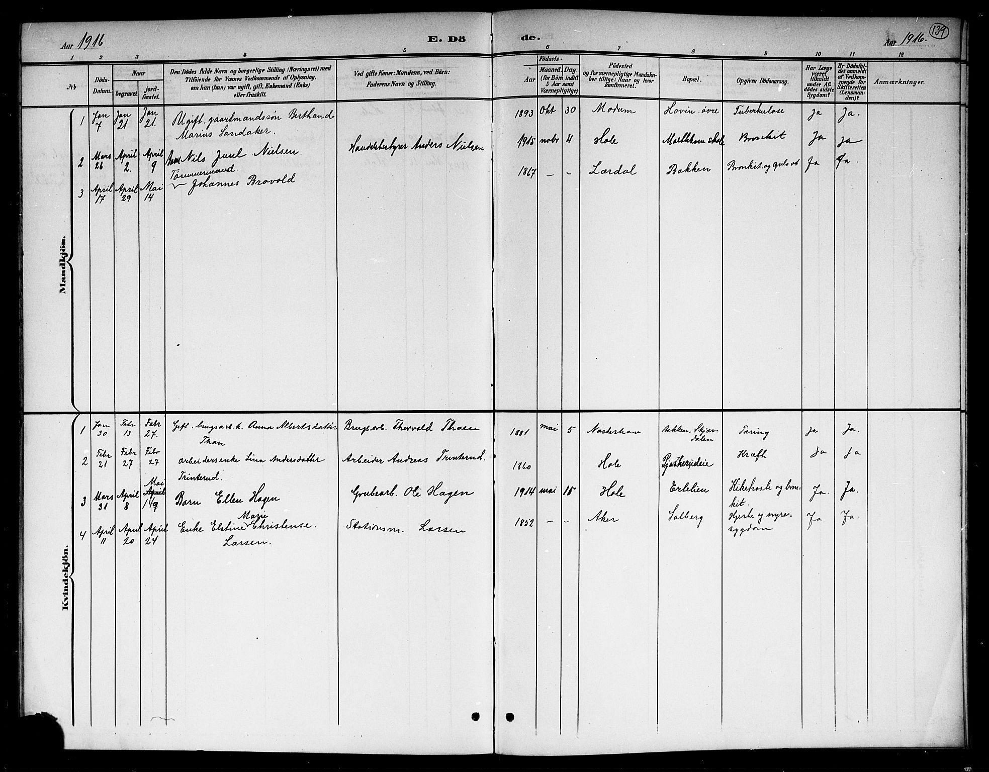 Hole kirkebøker, SAKO/A-228/G/Gb/L0004: Parish register (copy) no. II 4, 1901-1916, p. 139