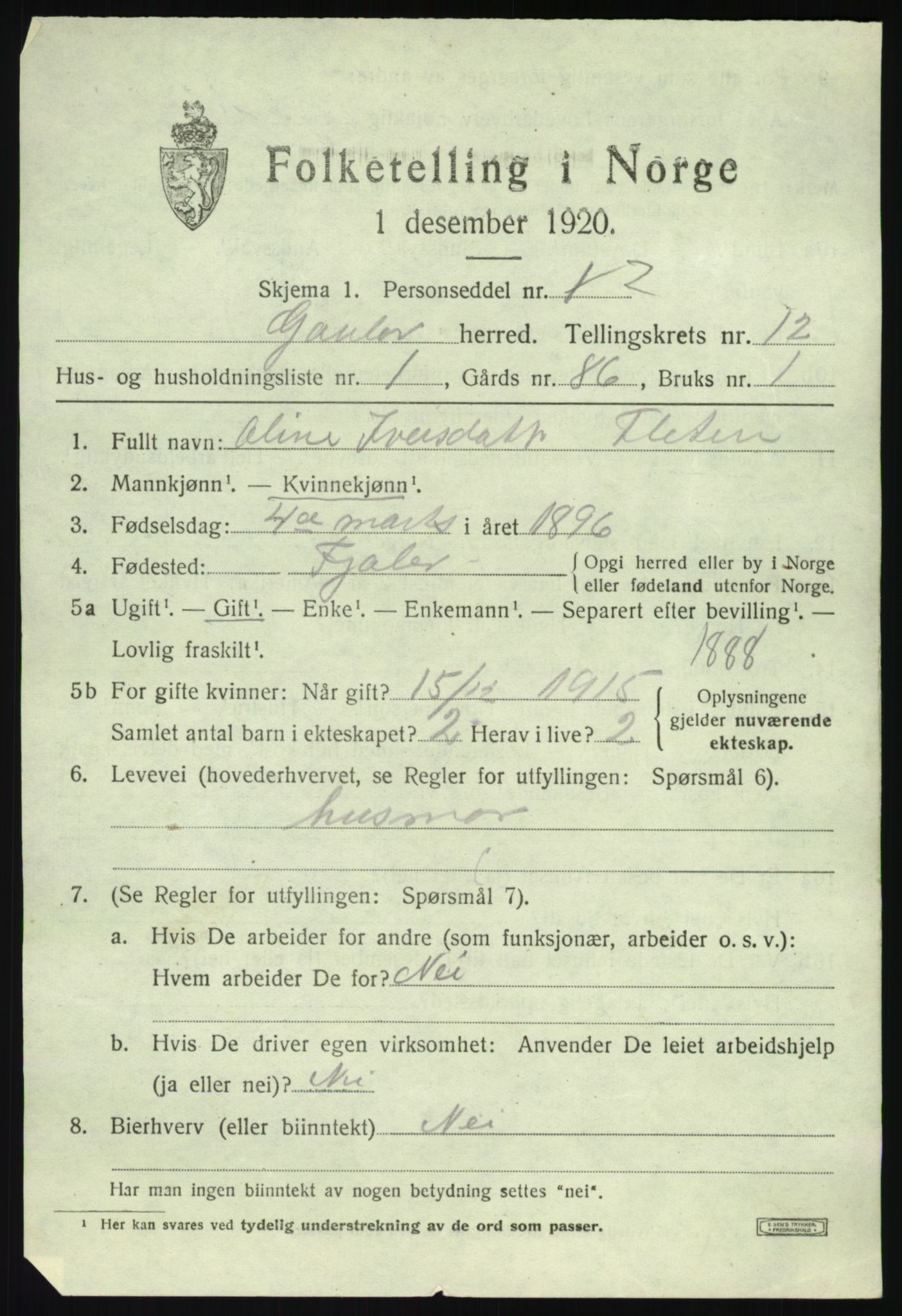 SAB, 1920 census for Gaular, 1920, p. 5596