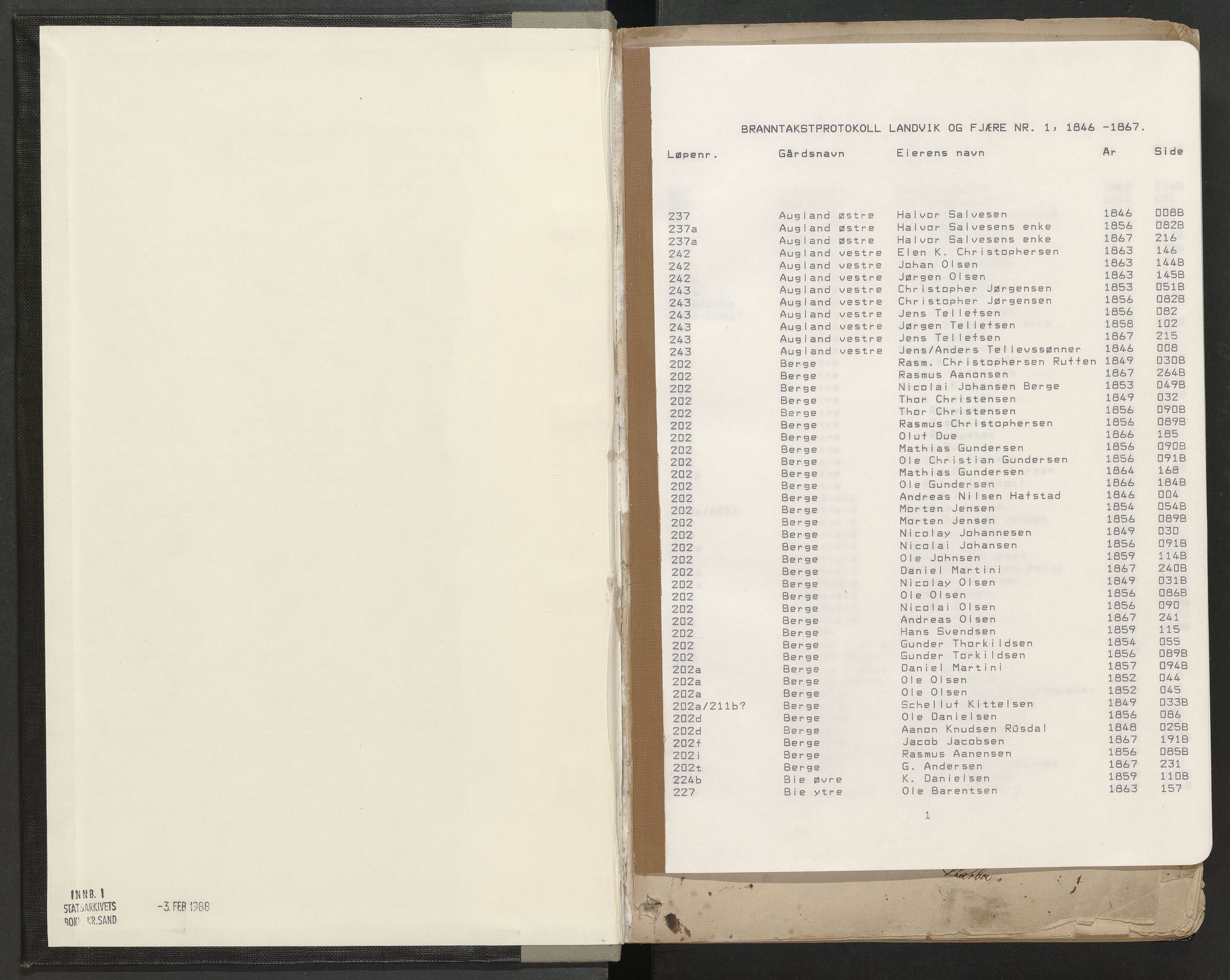 Norges Brannkasse Landvik og Fjære, AV/SAK-2241-0032/F/Fa/L0001: Branntakstprotokoll nr. 1 med gårdsnavnregister, 1846-1867