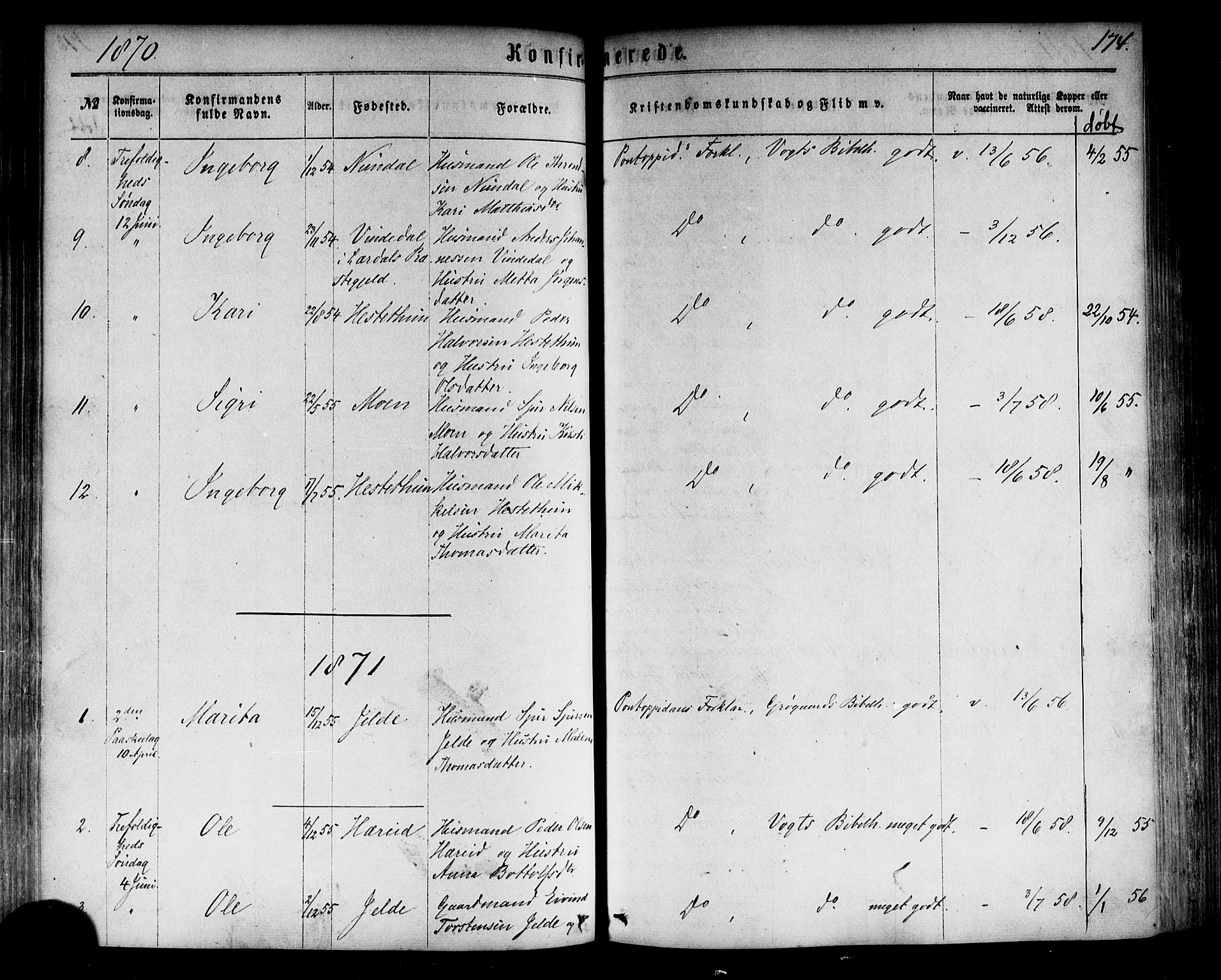 Årdal sokneprestembete, AV/SAB-A-81701: Parish register (official) no. A 3, 1863-1886, p. 174