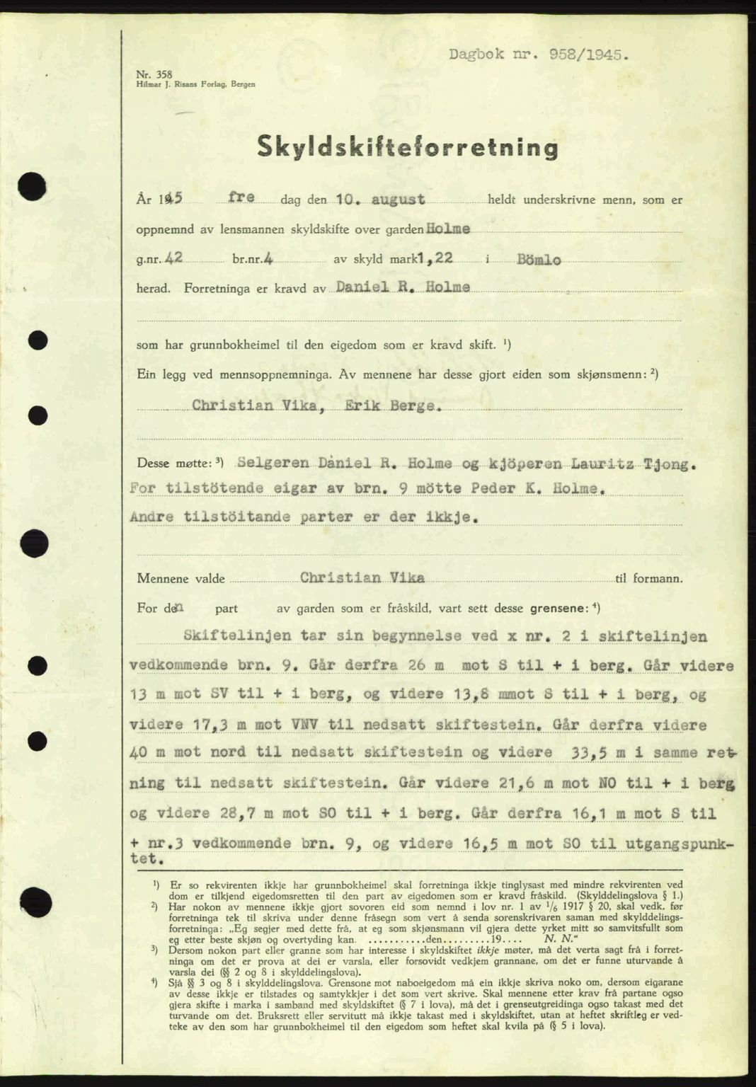 Sunnhordland sorenskrivar, AV/SAB-A-2401: Mortgage book no. A77, 1945-1945, Diary no: : 958/1945