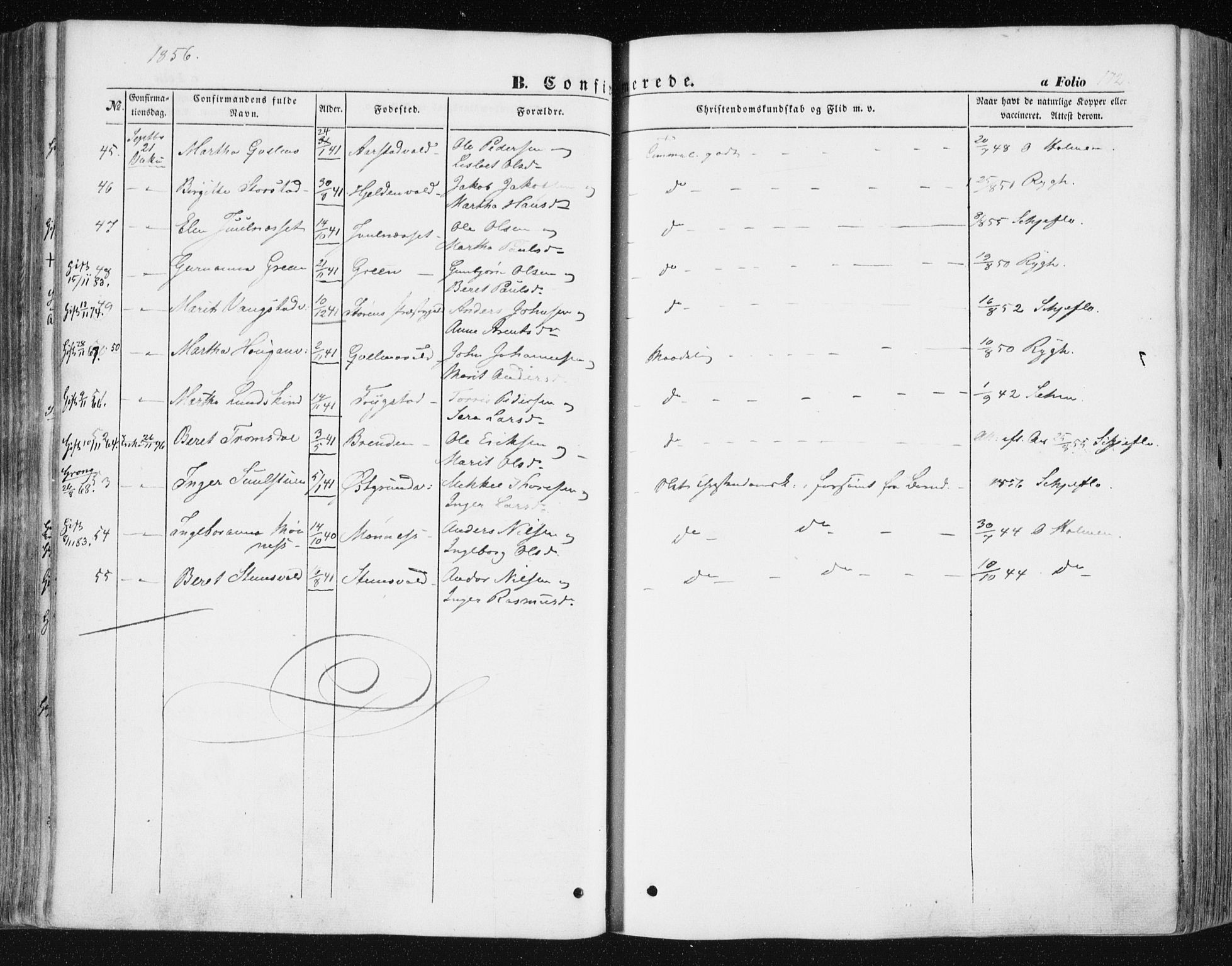 Ministerialprotokoller, klokkerbøker og fødselsregistre - Nord-Trøndelag, SAT/A-1458/723/L0240: Parish register (official) no. 723A09, 1852-1860, p. 172