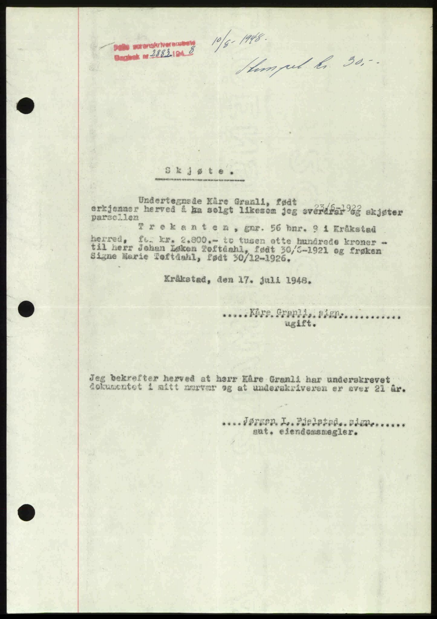Follo sorenskriveri, SAO/A-10274/G/Ga/Gaa/L0085: Mortgage book no. I 85, 1948-1948, Diary no: : 2883/1948