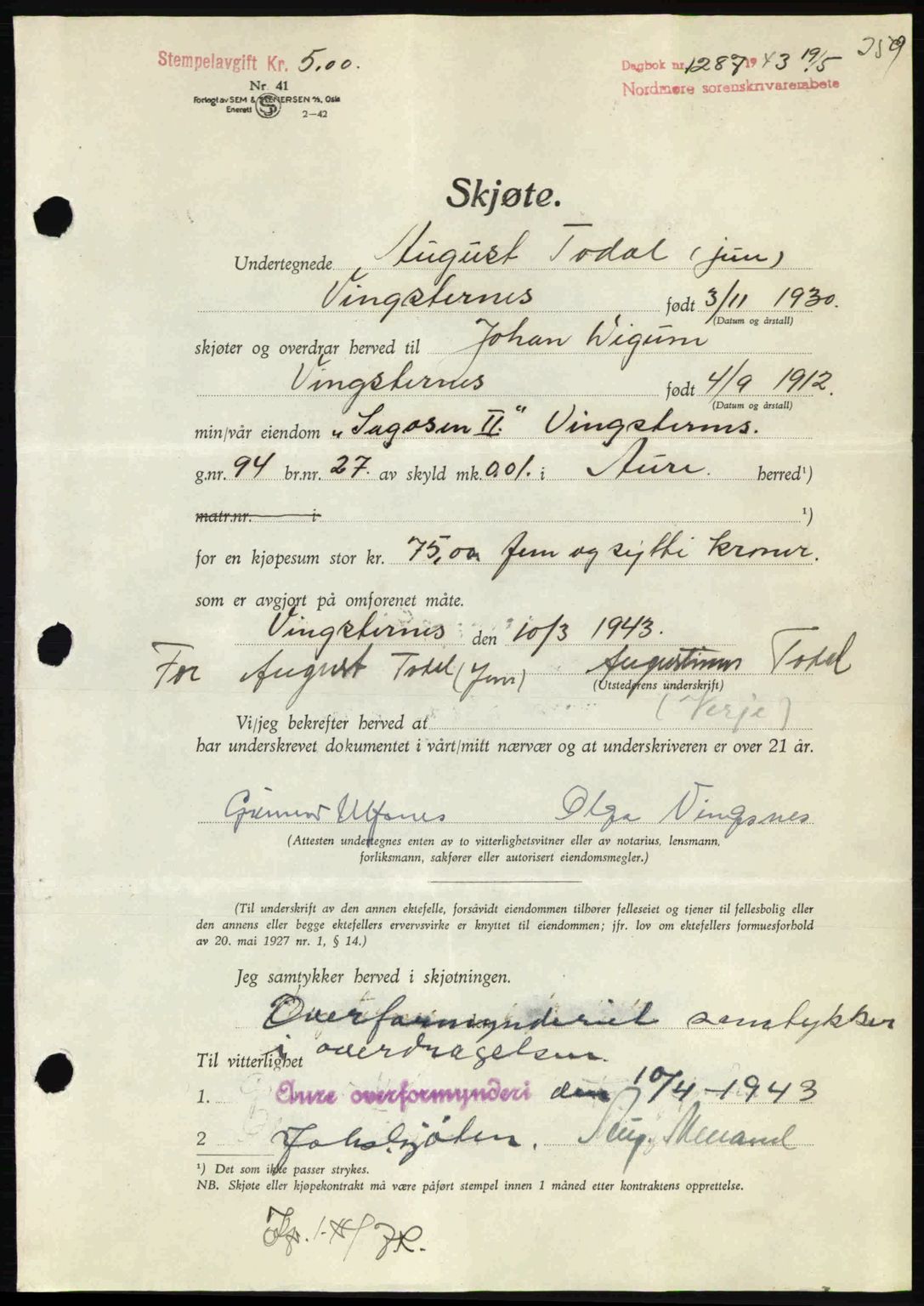 Nordmøre sorenskriveri, AV/SAT-A-4132/1/2/2Ca: Mortgage book no. A95, 1943-1943, Diary no: : 1287/1943