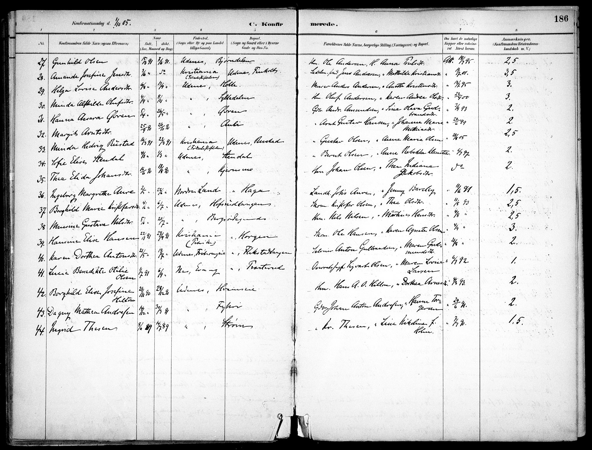 Nes prestekontor Kirkebøker, SAO/A-10410/F/Fc/L0002: Parish register (official) no. IIi 2, 1882-1916, p. 186