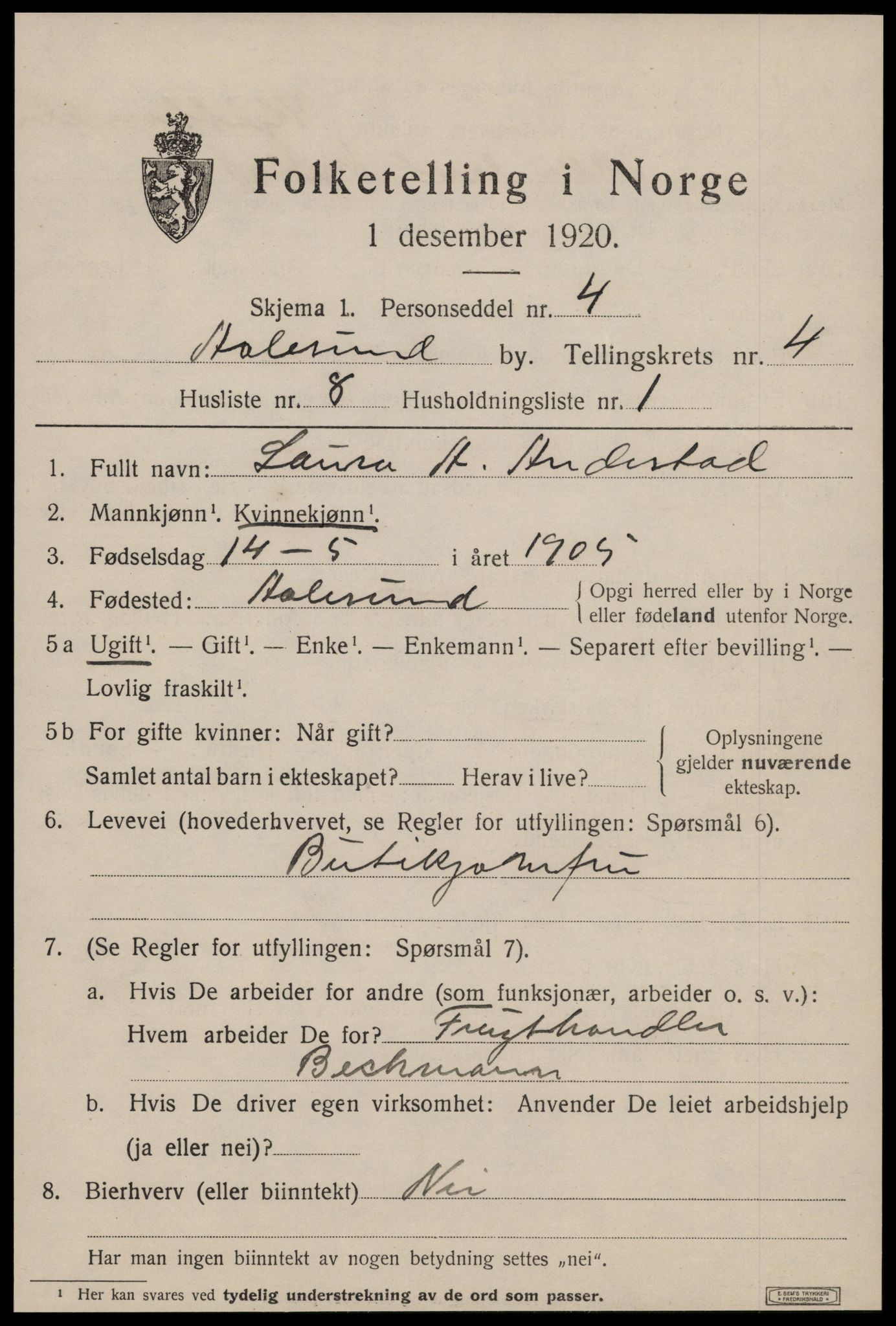 SAT, 1920 census for Ålesund, 1920, p. 14562