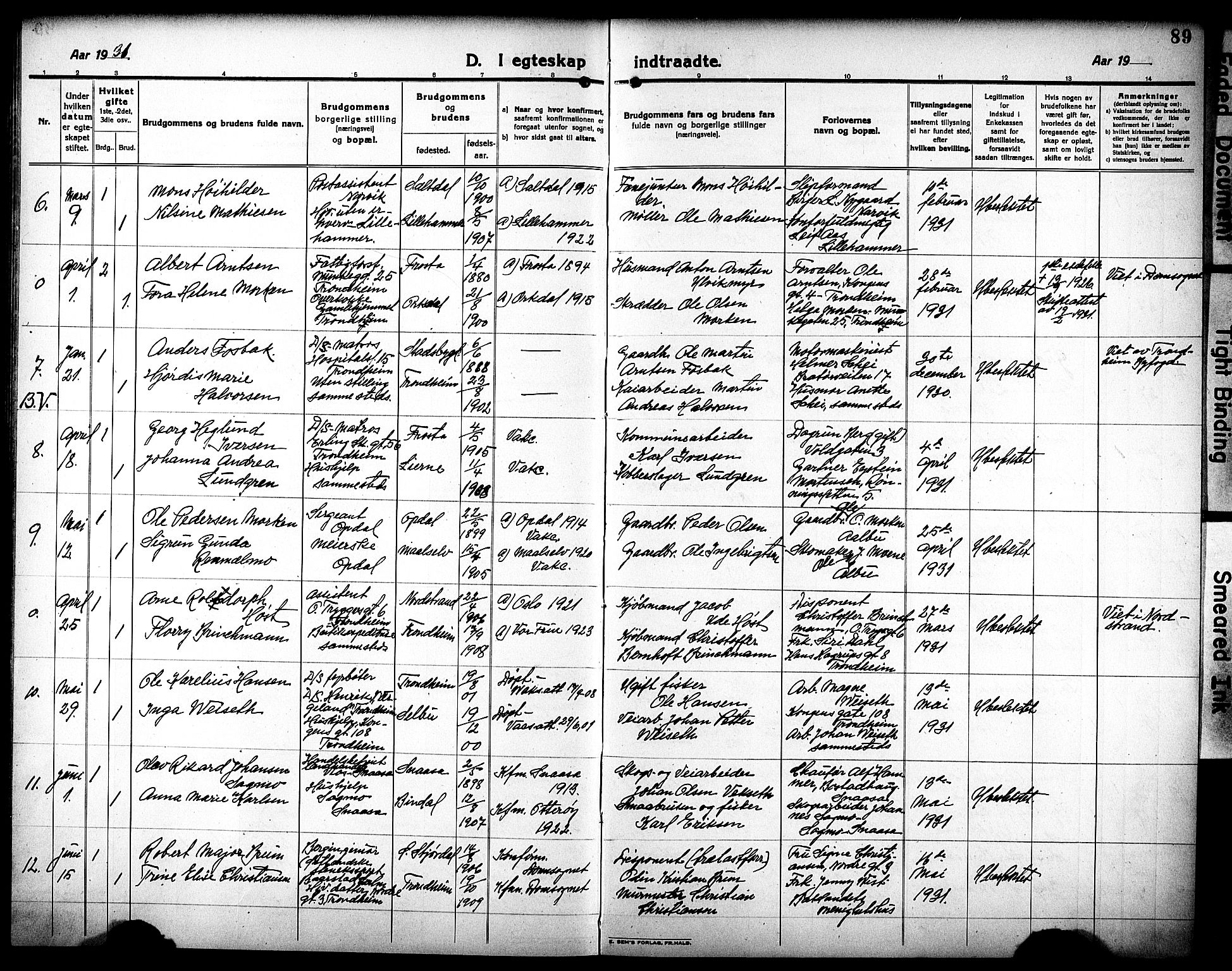 Ministerialprotokoller, klokkerbøker og fødselsregistre - Sør-Trøndelag, SAT/A-1456/602/L0149: Parish register (copy) no. 602C17, 1919-1932, p. 89