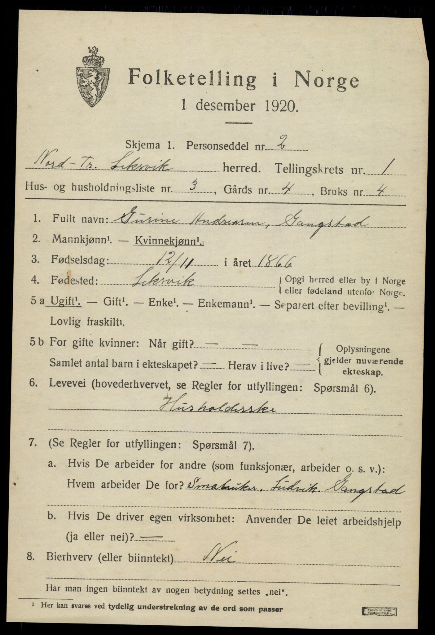 SAT, 1920 census for Leksvik, 1920, p. 1140