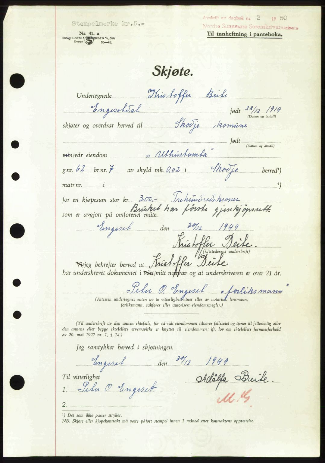 Nordre Sunnmøre sorenskriveri, AV/SAT-A-0006/1/2/2C/2Ca: Mortgage book no. A33, 1949-1950, Diary no: : 3/1950