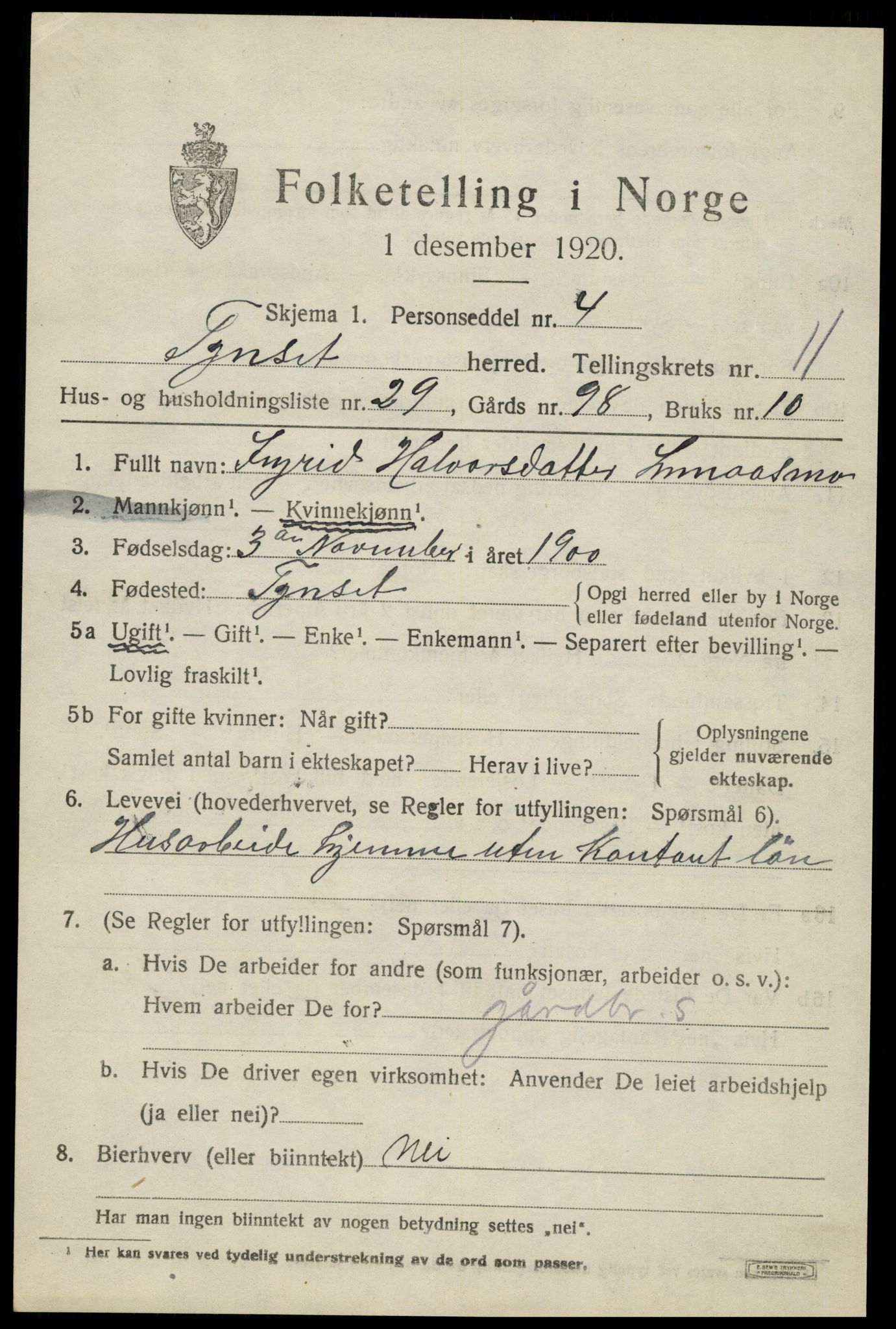 SAH, 1920 census for Tynset, 1920, p. 8294