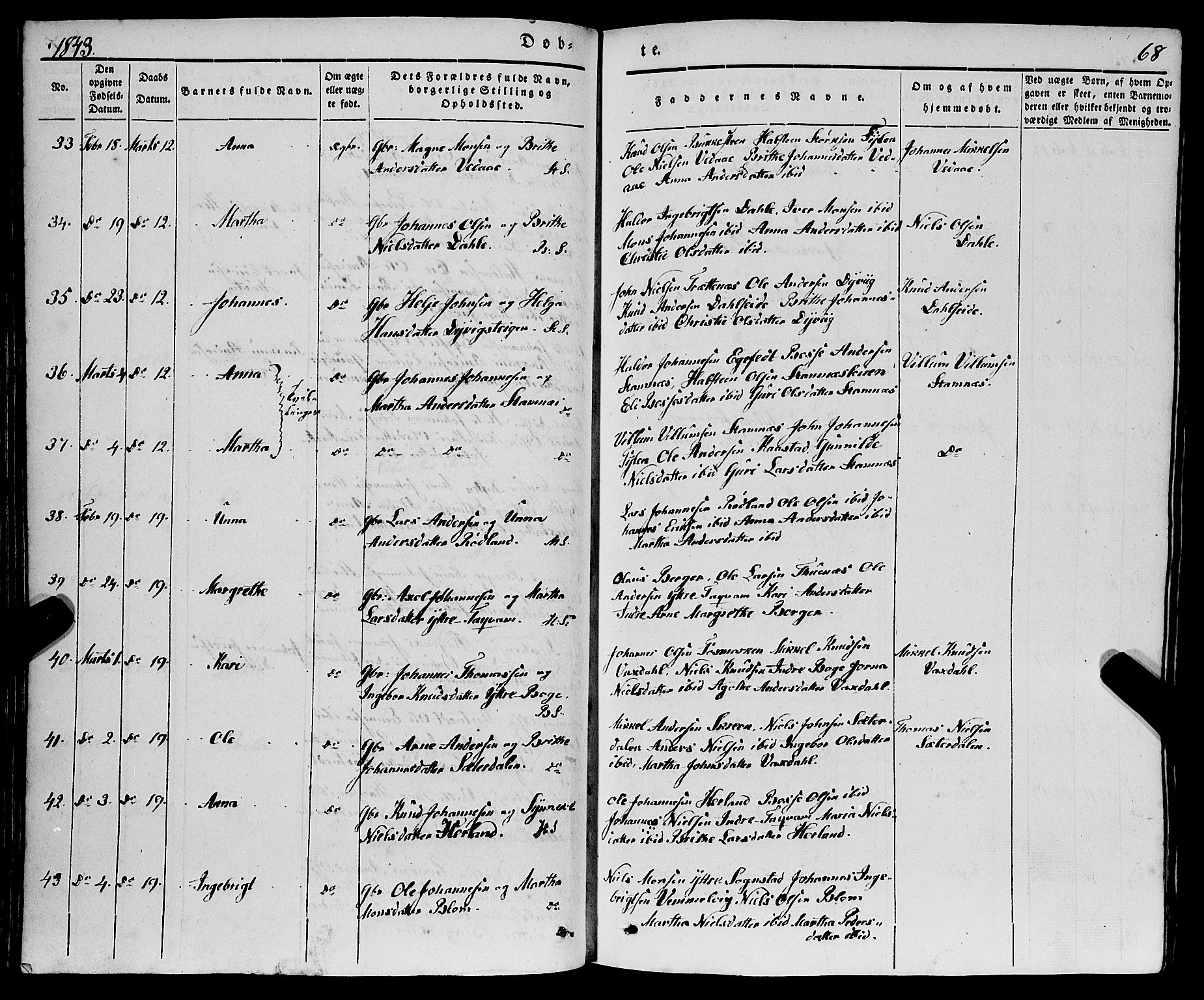 Haus sokneprestembete, AV/SAB-A-75601/H/Haa: Parish register (official) no. A 15, 1838-1847, p. 68