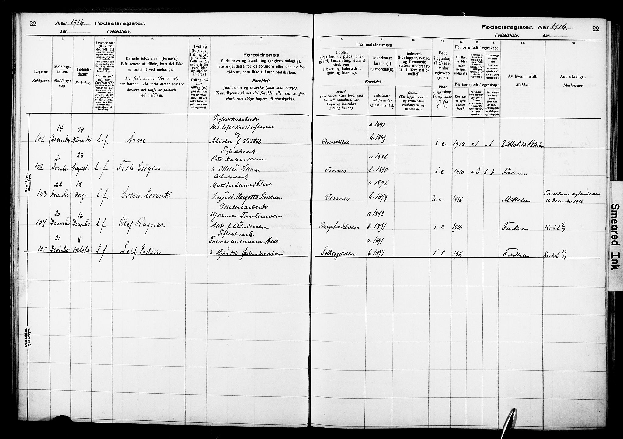 Nedre Eiker kirkebøker, AV/SAKO-A-612/J/Ja/L0001: Birth register no. 1, 1916-1925, p. 22