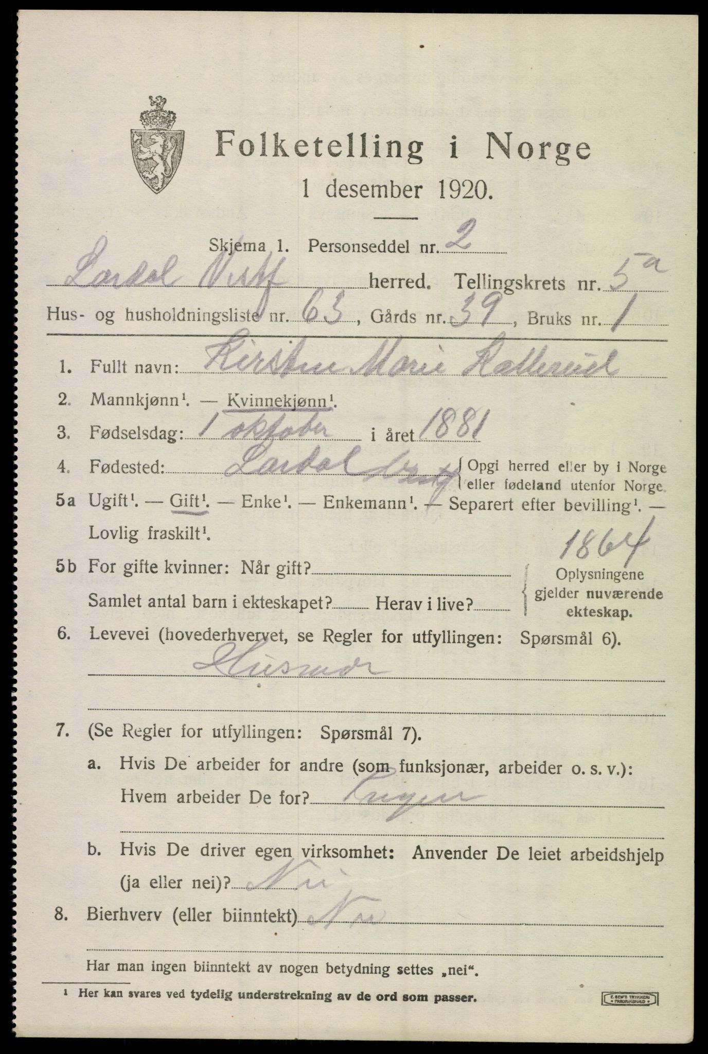 SAKO, 1920 census for Lardal, 1920, p. 5169