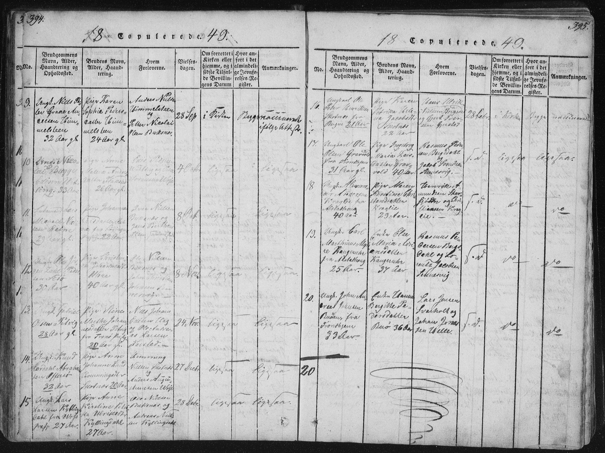 Ministerialprotokoller, klokkerbøker og fødselsregistre - Nordland, AV/SAT-A-1459/881/L1164: Parish register (copy) no. 881C01, 1818-1853, p. 394-395