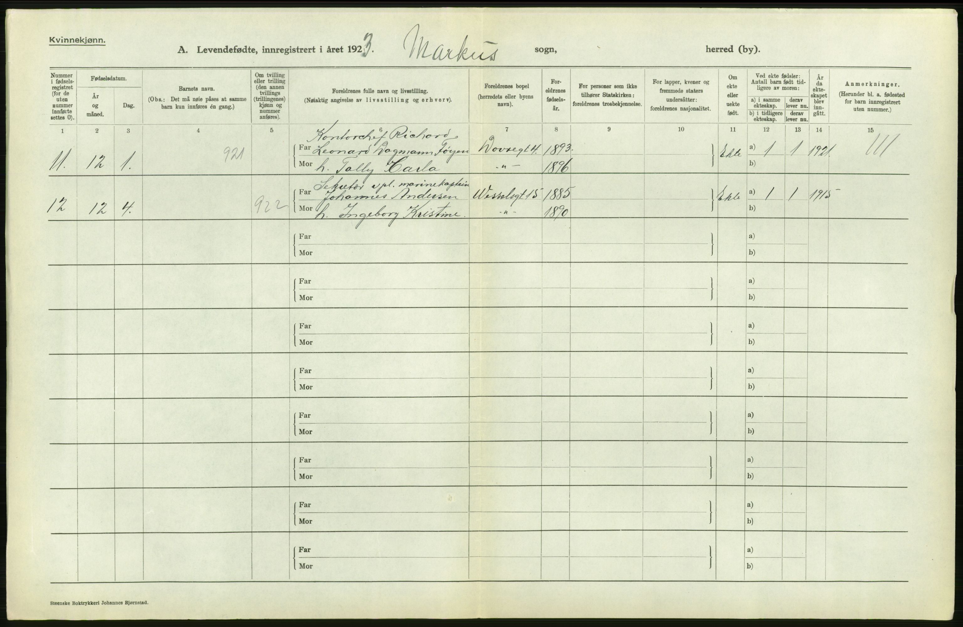 Statistisk sentralbyrå, Sosiodemografiske emner, Befolkning, AV/RA-S-2228/D/Df/Dfc/Dfcc/L0007: Kristiania: Levendefødte menn og kvinner., 1923, p. 552