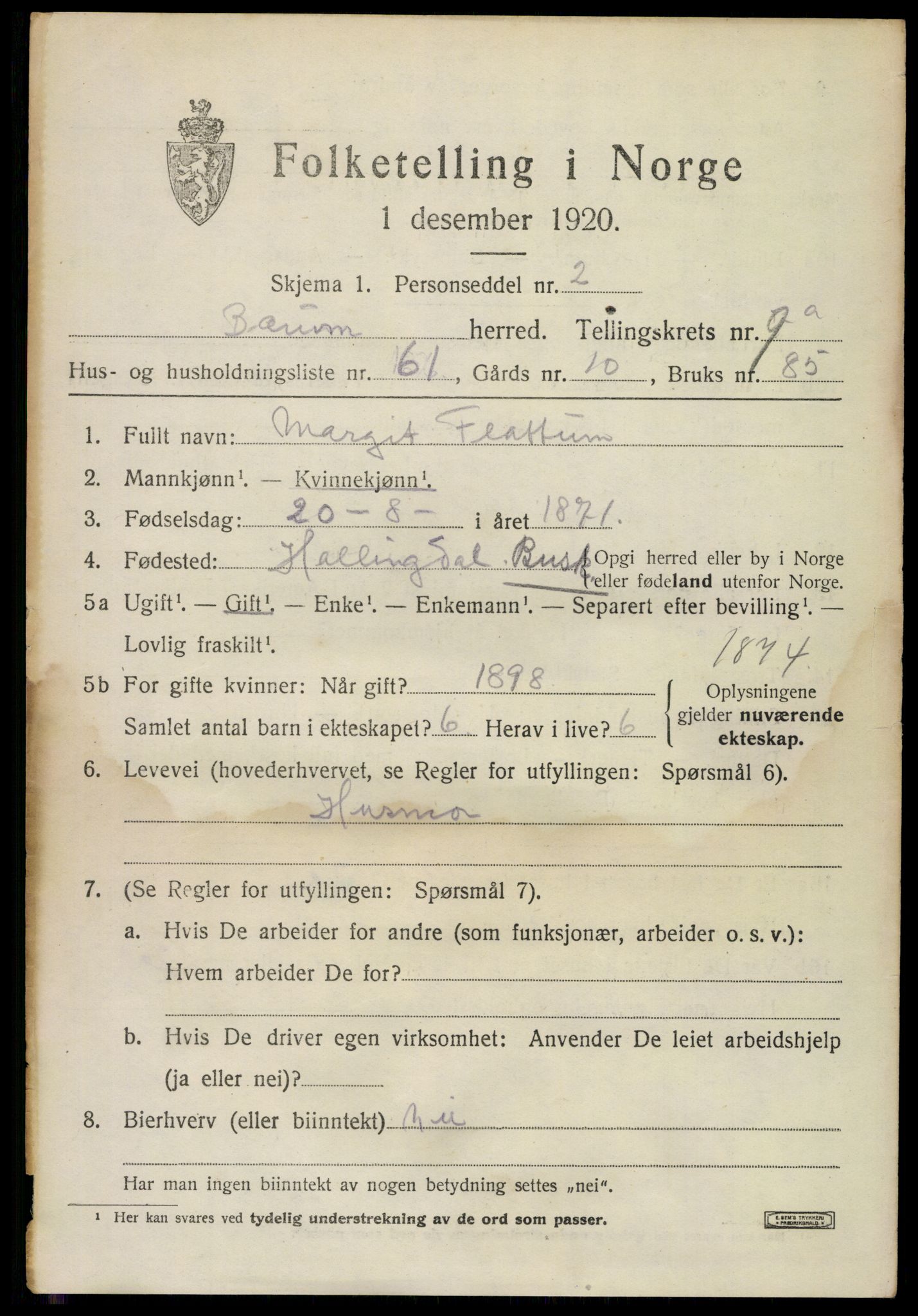 SAO, 1920 census for Bærum, 1920, p. 19852