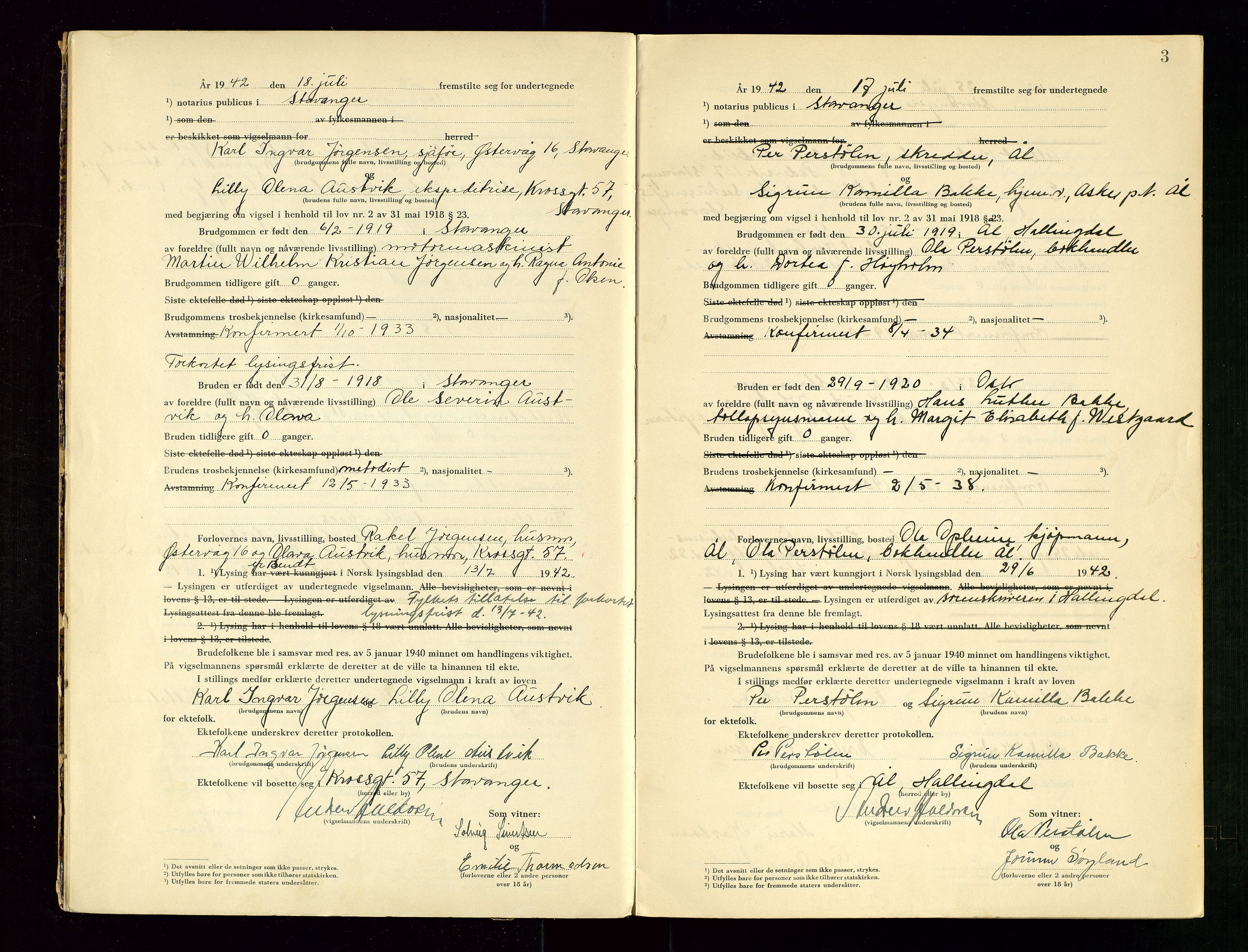 Stavanger byrett, AV/SAST-A-100455/001/6/62/62B/L0005: Vigselsprotokoll, 1942, p. 3
