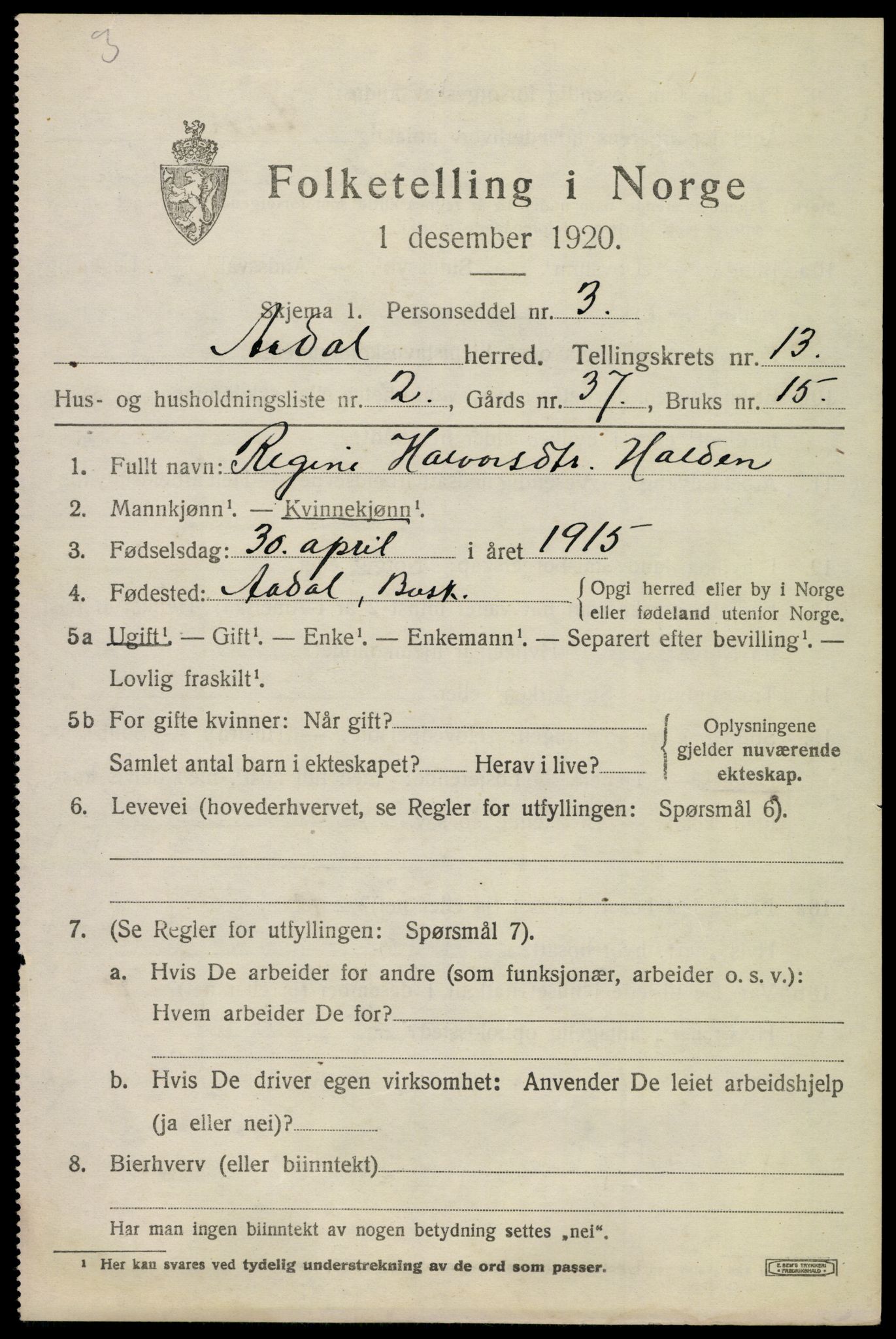 SAKO, 1920 census for Ådal, 1920, p. 7666