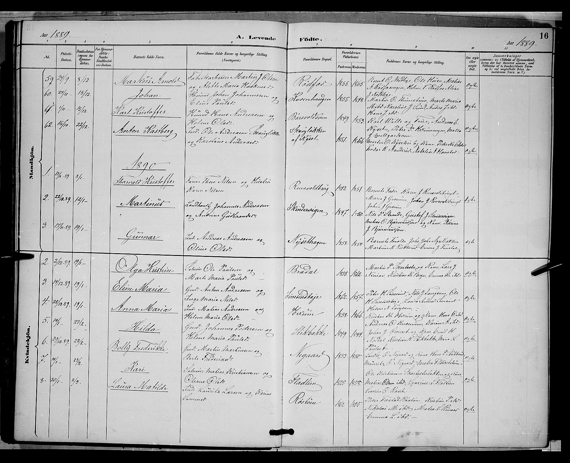 Vestre Toten prestekontor, AV/SAH-PREST-108/H/Ha/Hab/L0009: Parish register (copy) no. 9, 1888-1900, p. 16