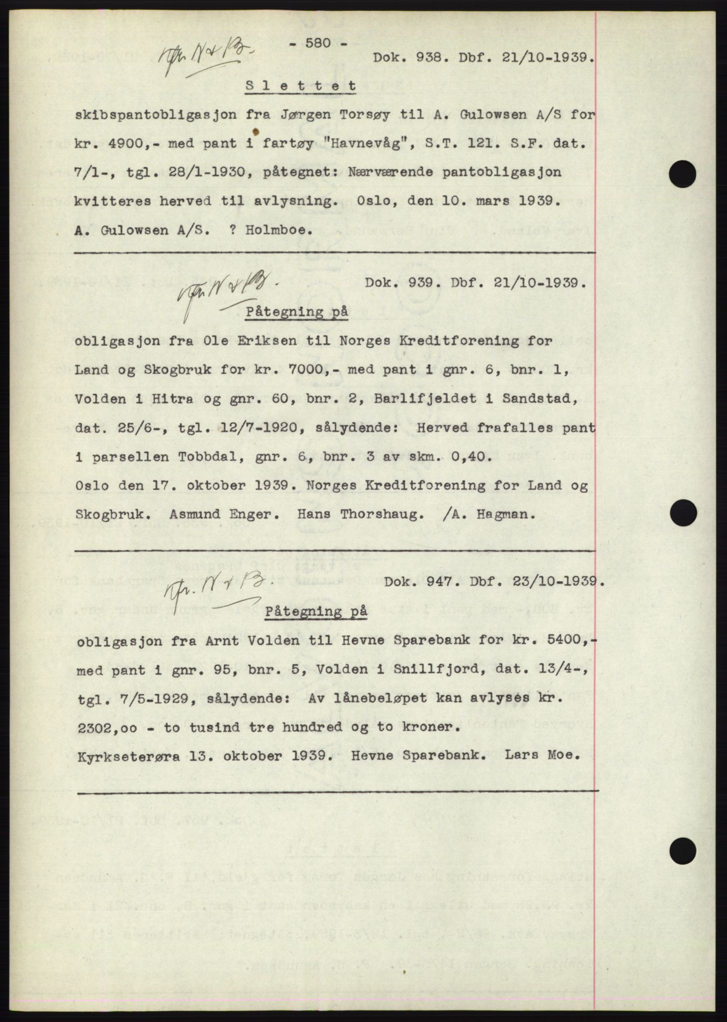 Hitra sorenskriveri, AV/SAT-A-0018/2/2C/2Ca: Mortgage book no. C1, 1936-1945, Diary no: : 938/1939