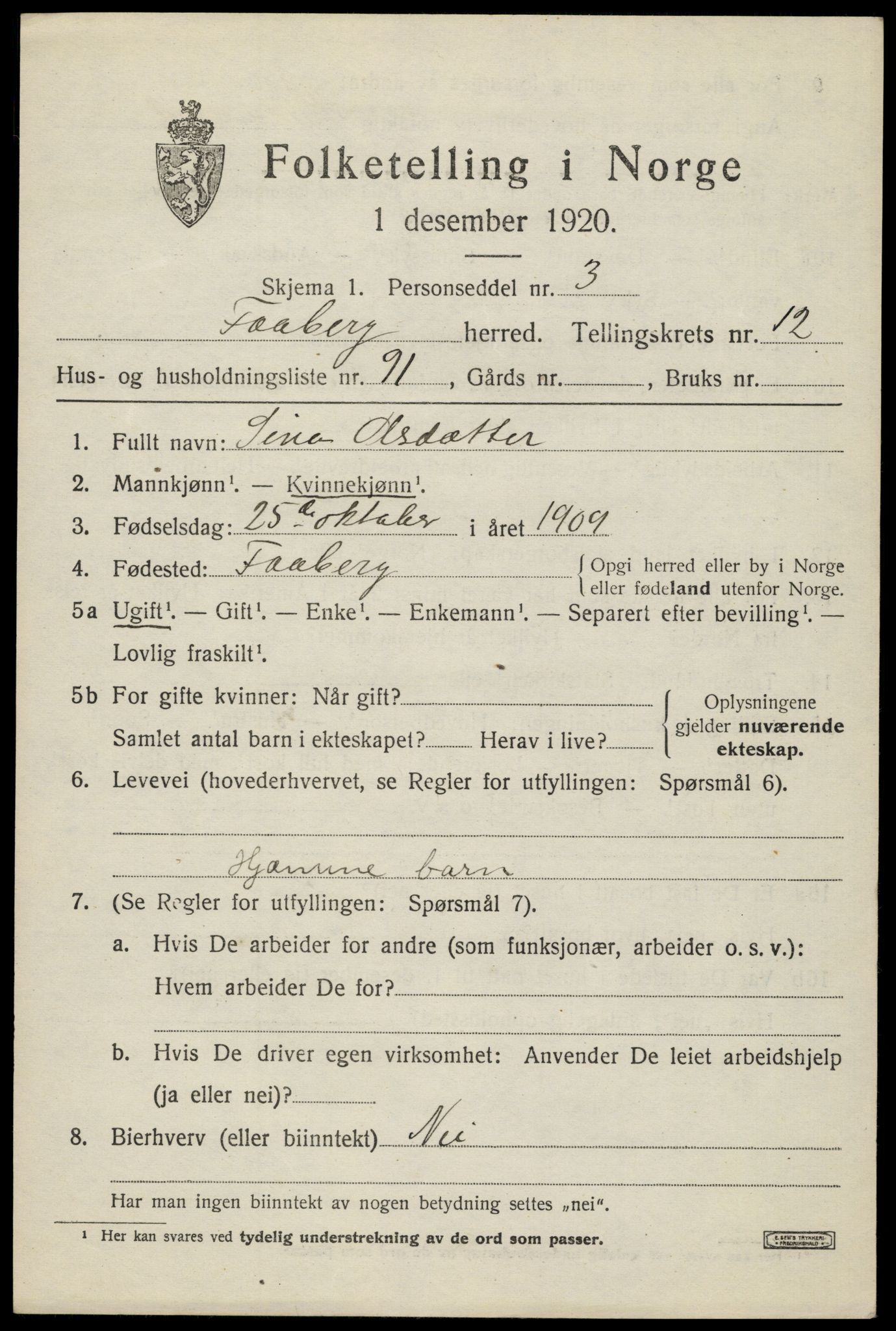 SAH, 1920 census for Fåberg, 1920, p. 13860