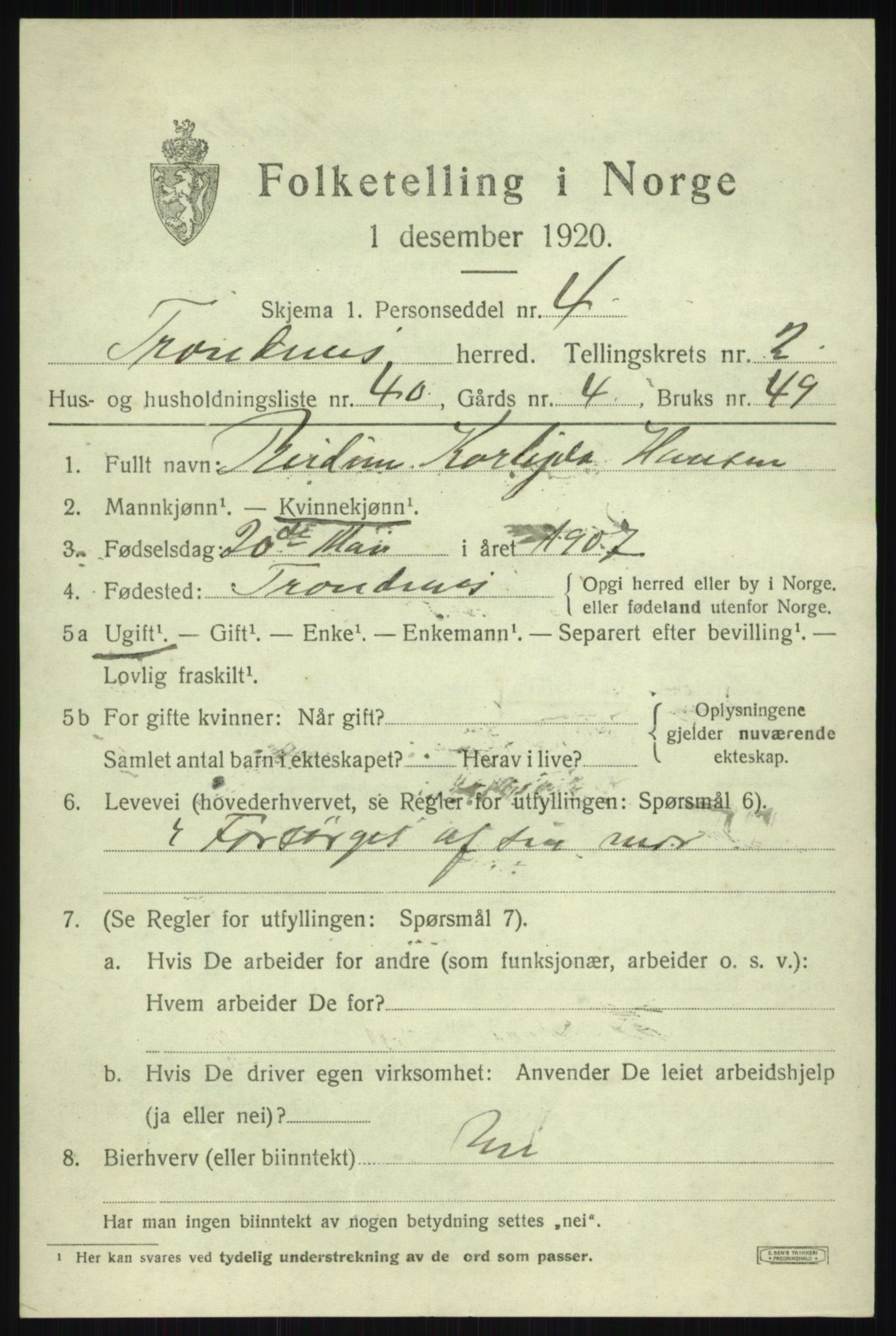 SATØ, 1920 census for Trondenes, 1920, p. 4145