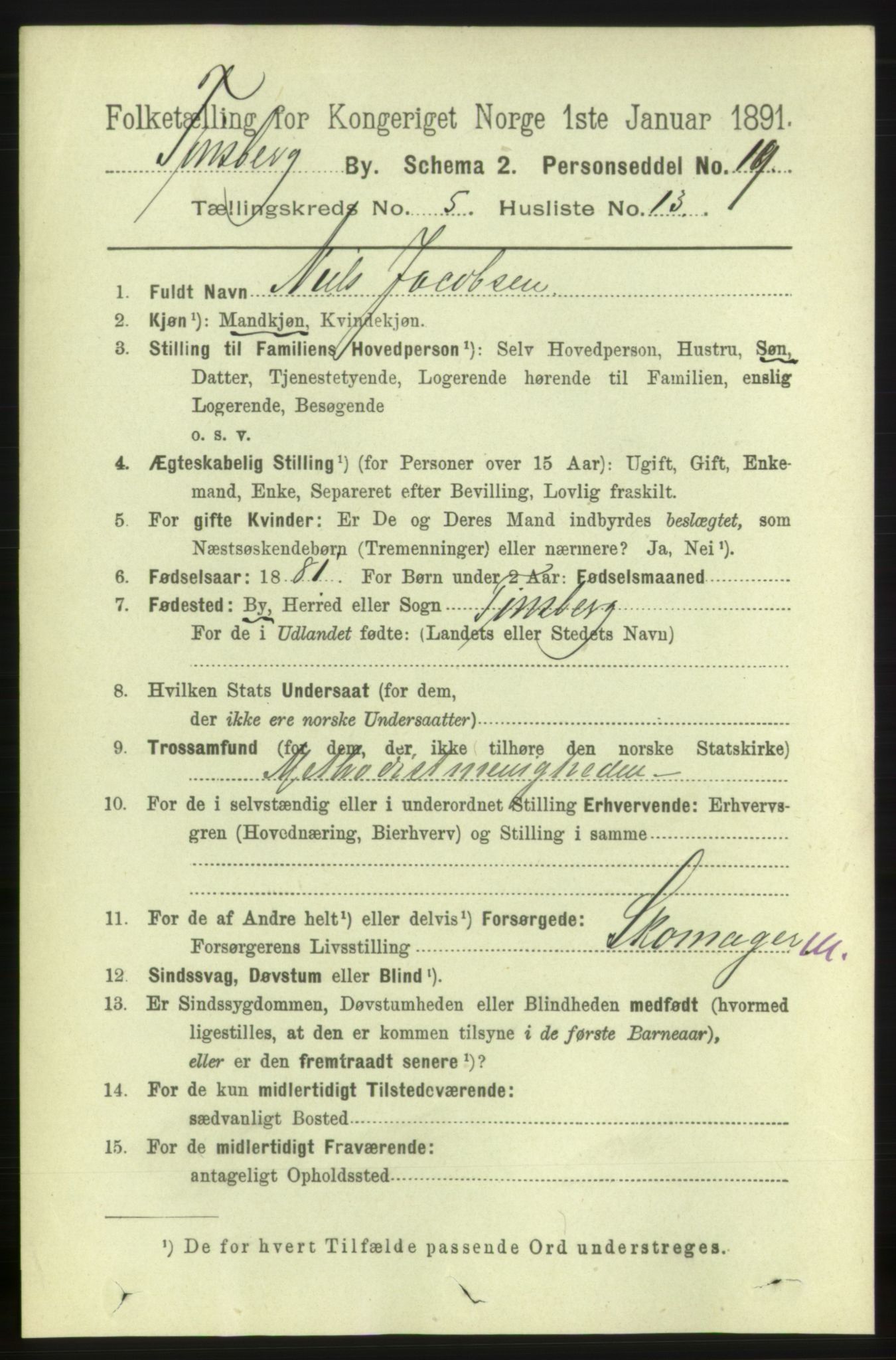 RA, 1891 census for 0705 Tønsberg, 1891, p. 2436