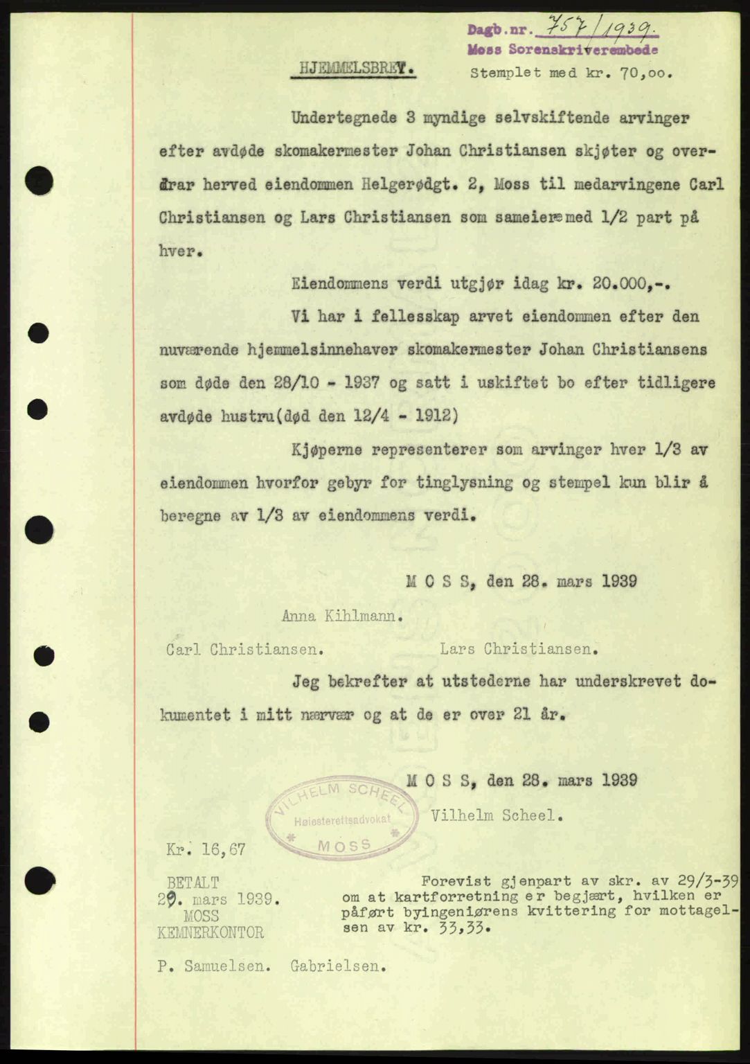 Moss sorenskriveri, SAO/A-10168: Mortgage book no. A5, 1938-1939, Diary no: : 757/1939