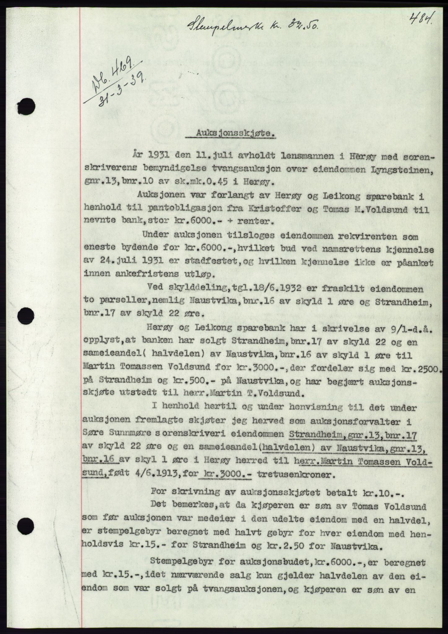 Søre Sunnmøre sorenskriveri, AV/SAT-A-4122/1/2/2C/L0067: Mortgage book no. 61, 1938-1939, Diary no: : 469/1939