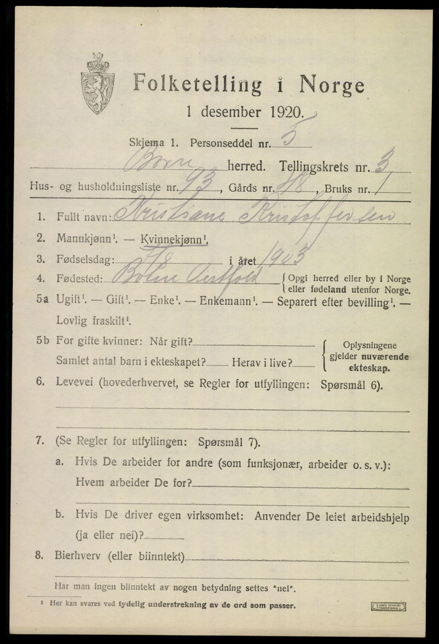 SAKO, 1920 census for Borre, 1920, p. 7132