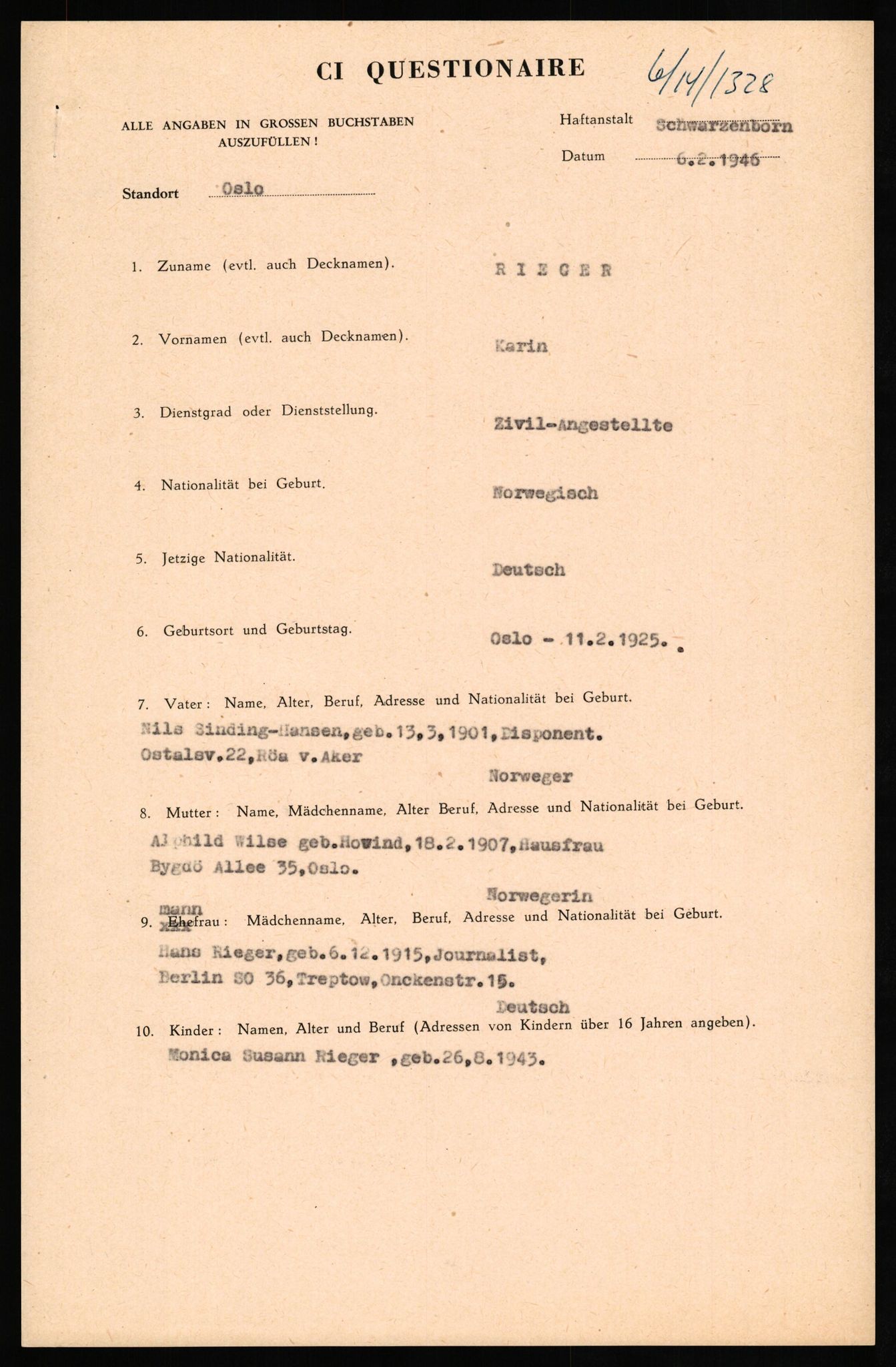 Forsvaret, Forsvarets overkommando II, AV/RA-RAFA-3915/D/Db/L0027: CI Questionaires. Tyske okkupasjonsstyrker i Norge. Tyskere., 1945-1946, p. 379