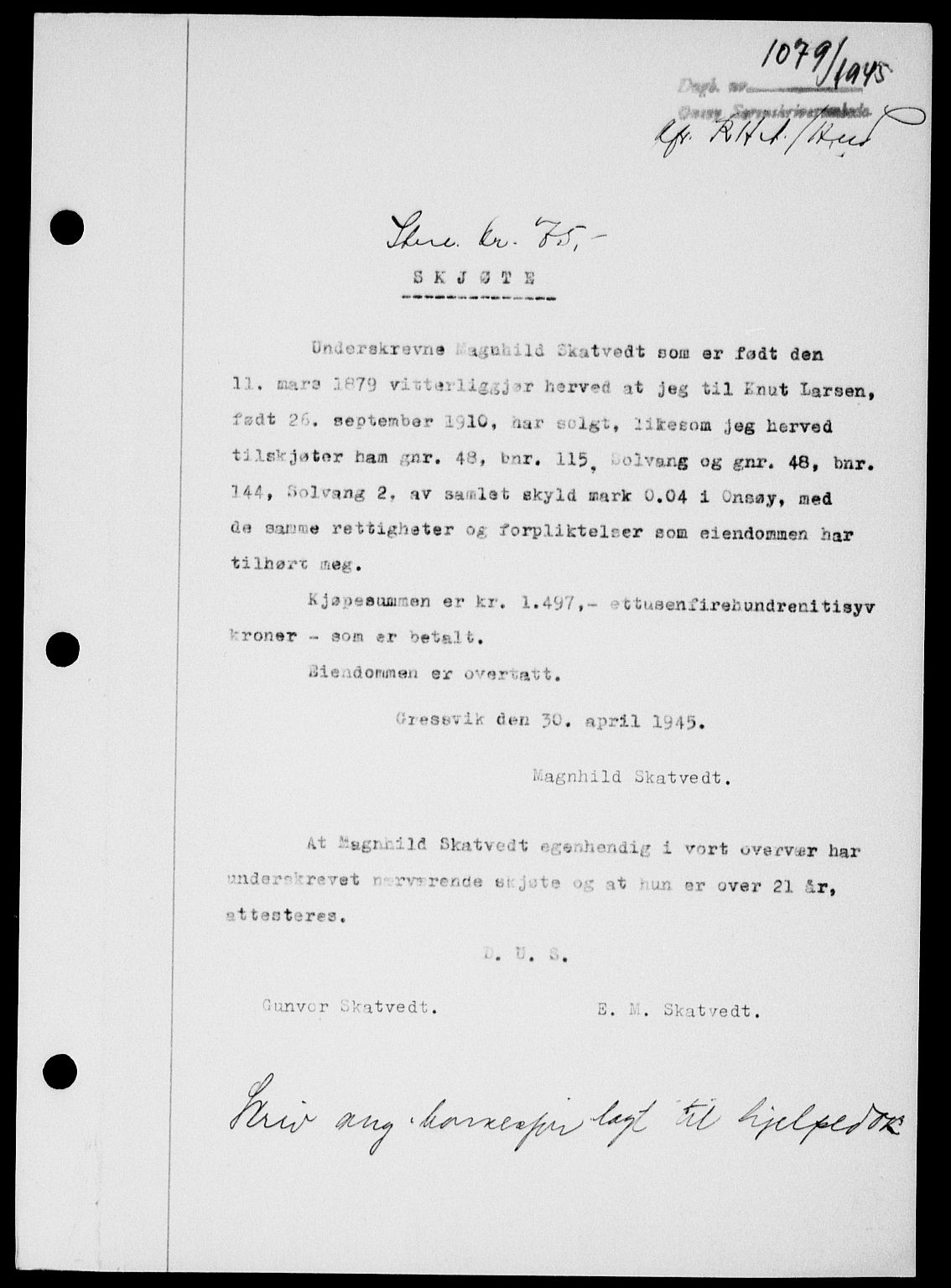 Onsøy sorenskriveri, SAO/A-10474/G/Ga/Gab/L0014: Mortgage book no. II A-14, 1944-1945, Diary no: : 1079/1945