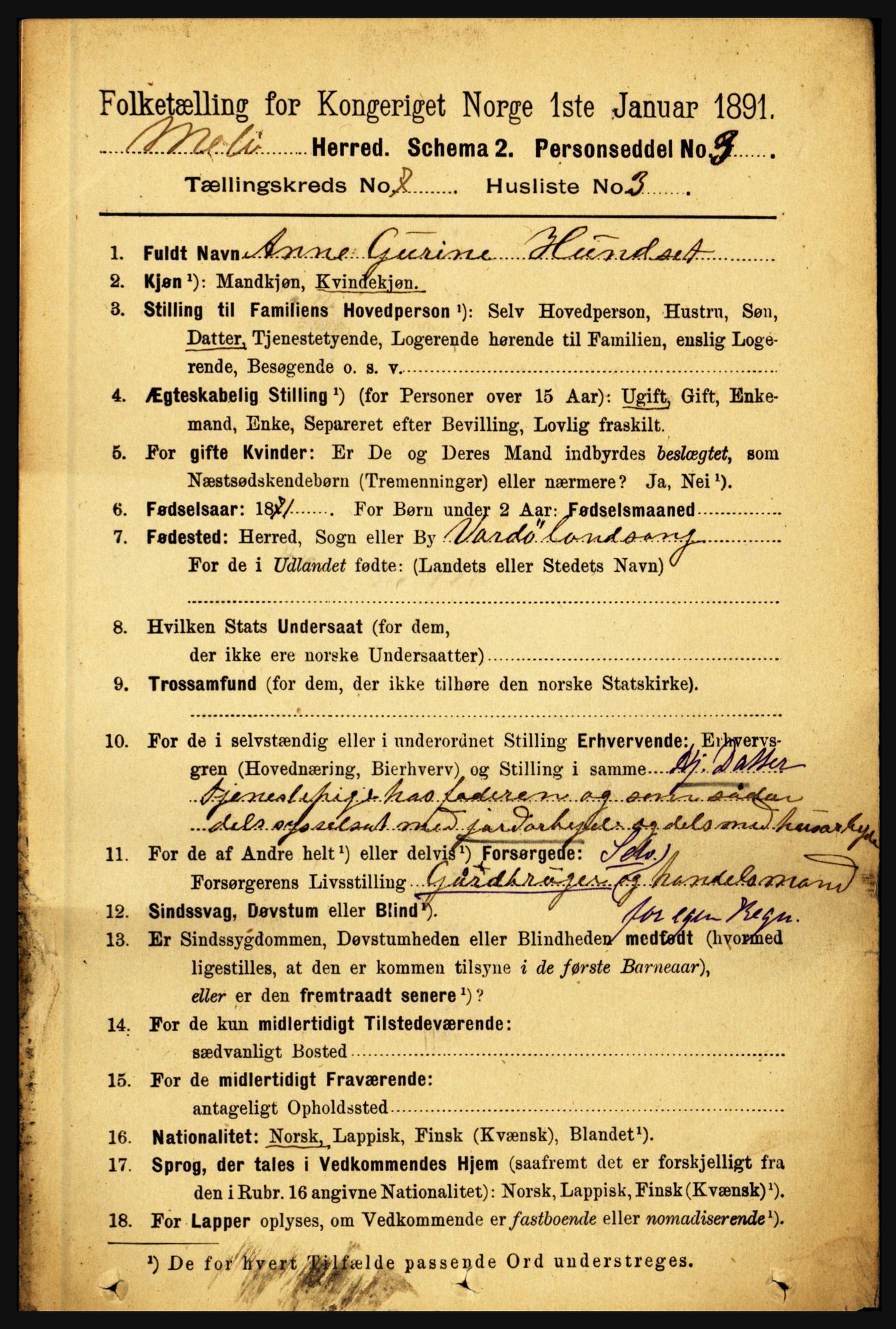 RA, 1891 census for 1837 Meløy, 1891, p. 2876