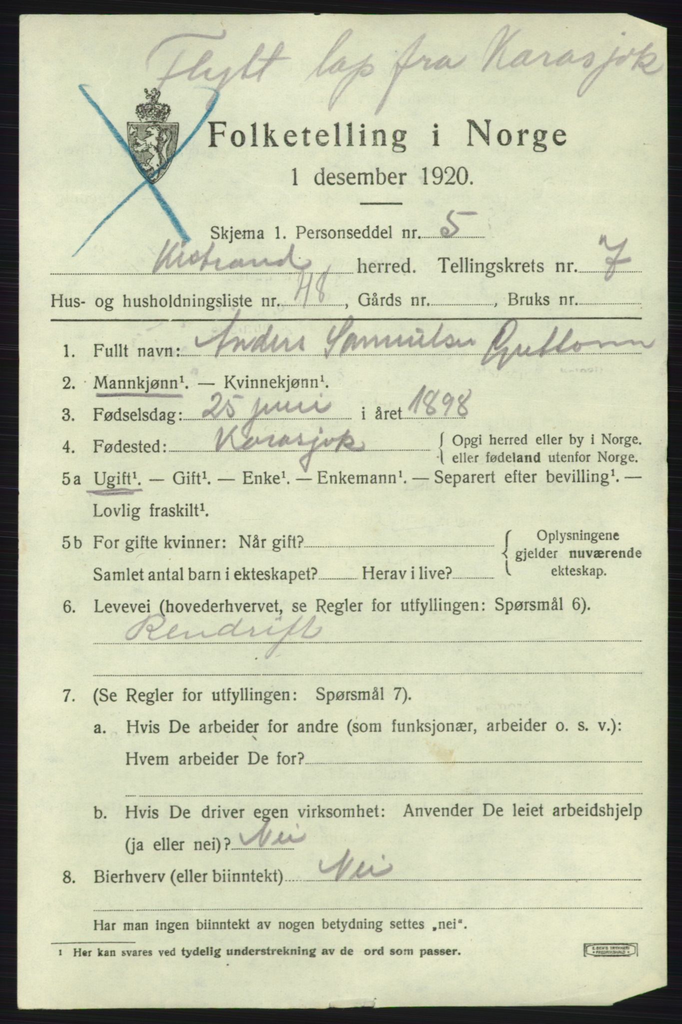 SATØ, 1920 census for Kistrand, 1920, p. 4746