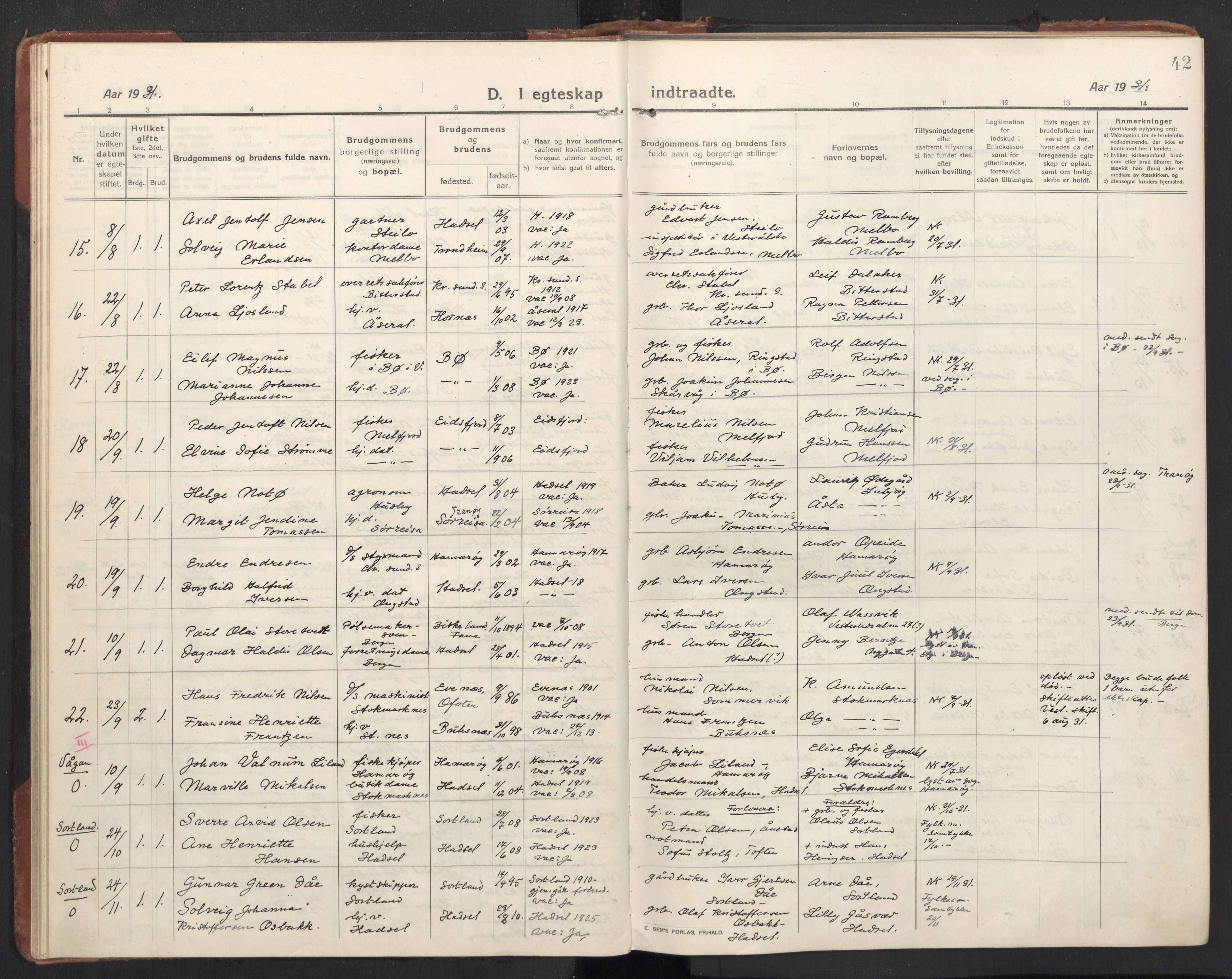 Ministerialprotokoller, klokkerbøker og fødselsregistre - Nordland, AV/SAT-A-1459/888/L1269: Parish register (copy) no. 888C11, 1913-1937, p. 42