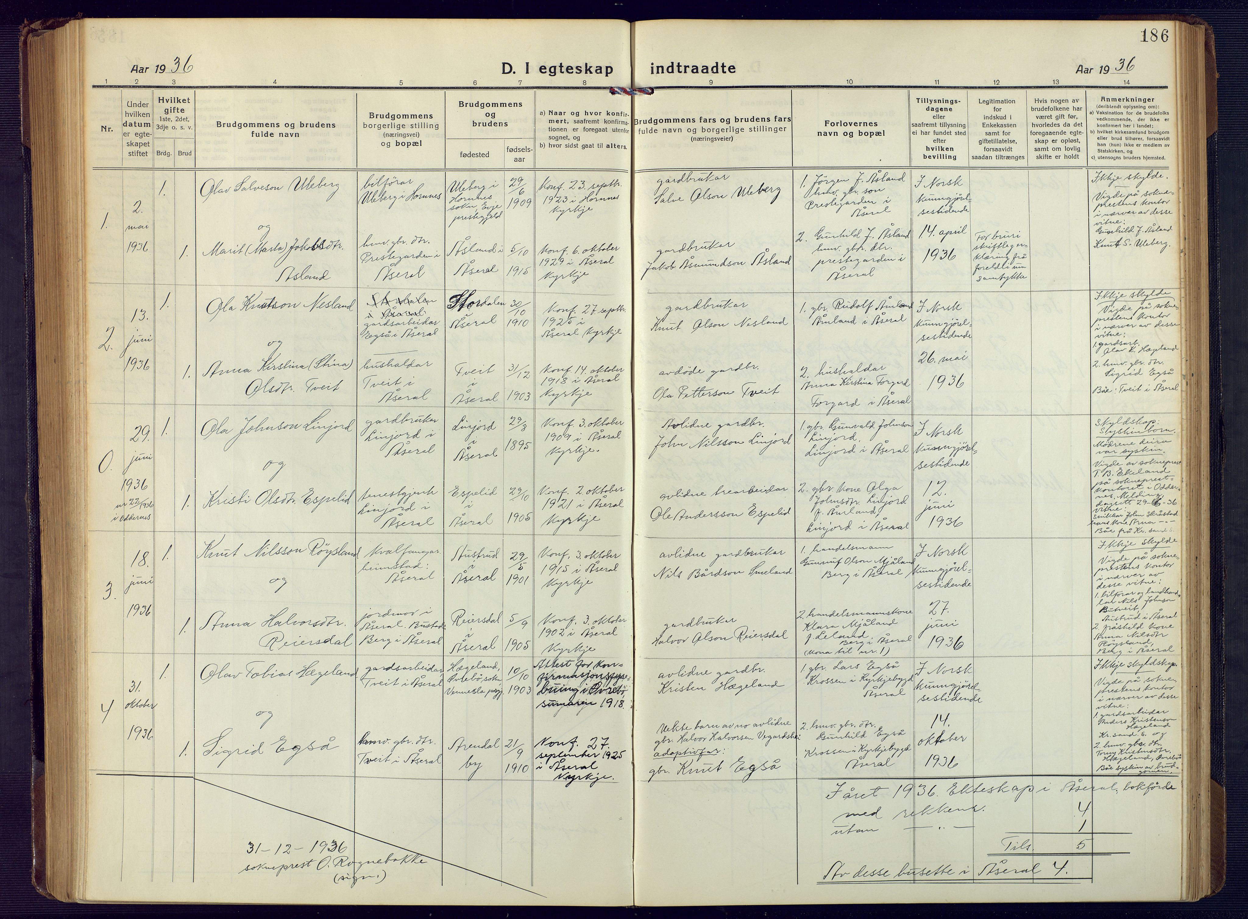 Åseral sokneprestkontor, SAK/1111-0051/F/Fb/L0004: Parish register (copy) no. B 4, 1920-1946, p. 186