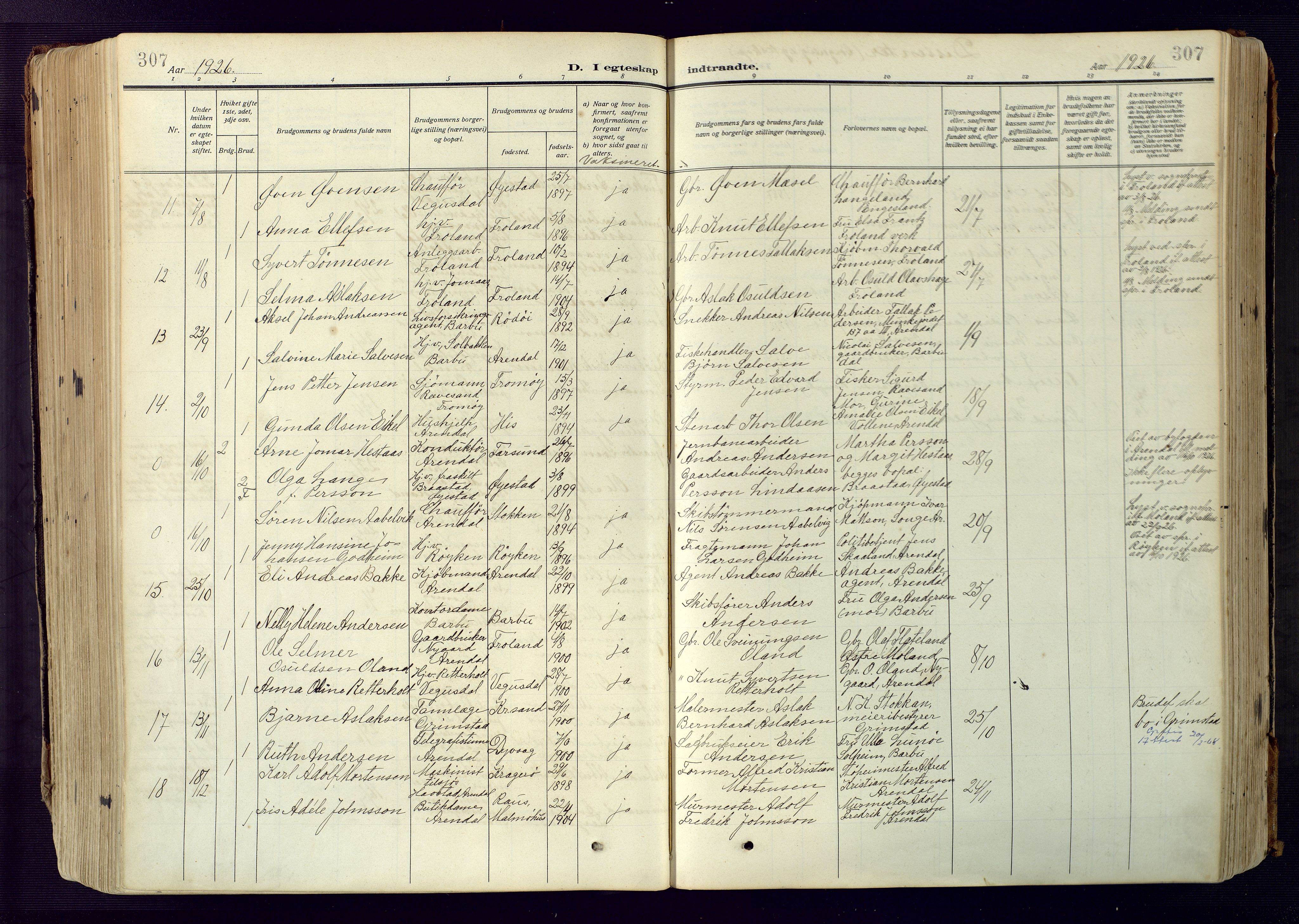 Barbu sokneprestkontor, AV/SAK-1111-0003/F/Fa/L0006: Parish register (official) no. A 6, 1910-1929, p. 307