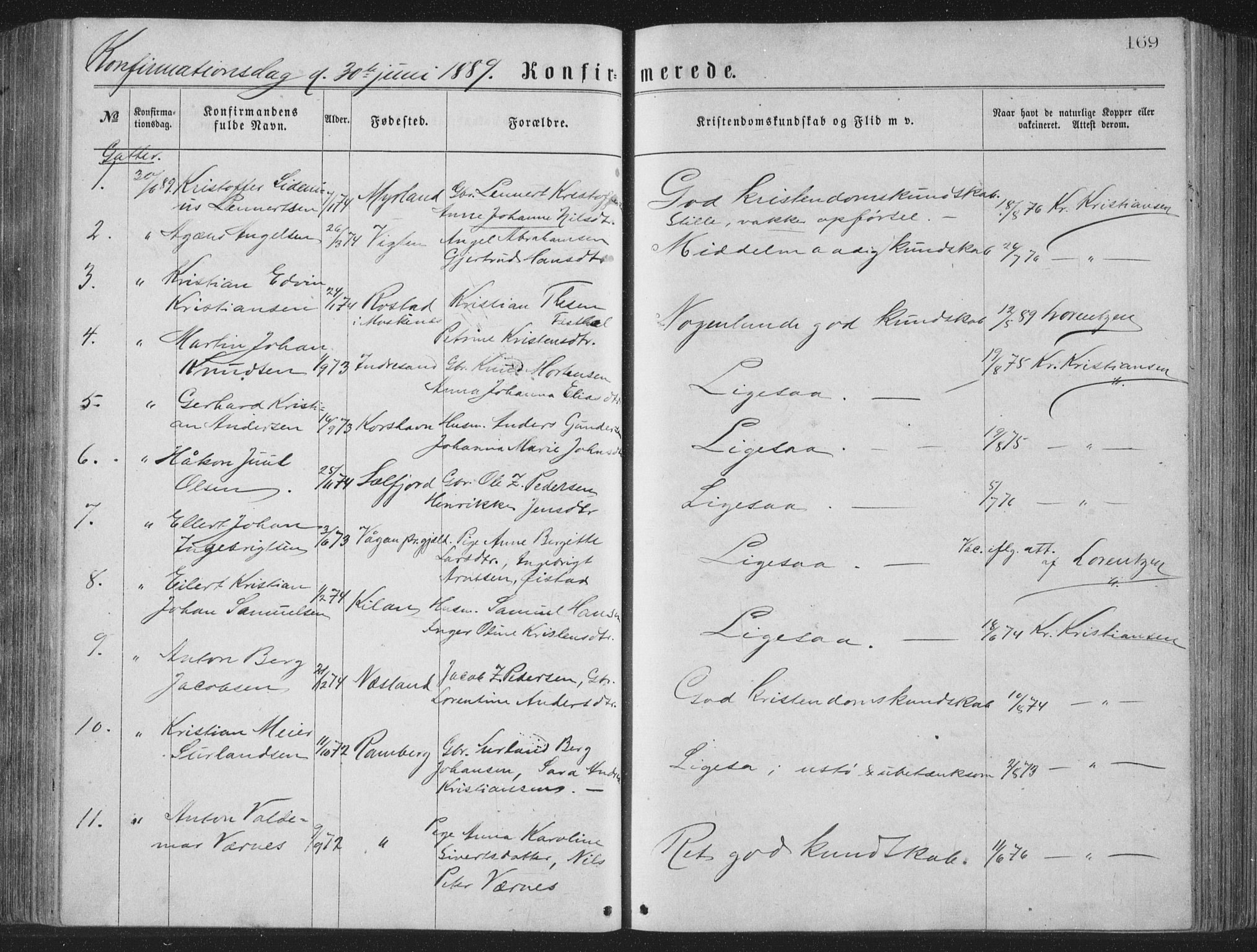 Ministerialprotokoller, klokkerbøker og fødselsregistre - Nordland, SAT/A-1459/885/L1213: Parish register (copy) no. 885C02, 1874-1892, p. 169