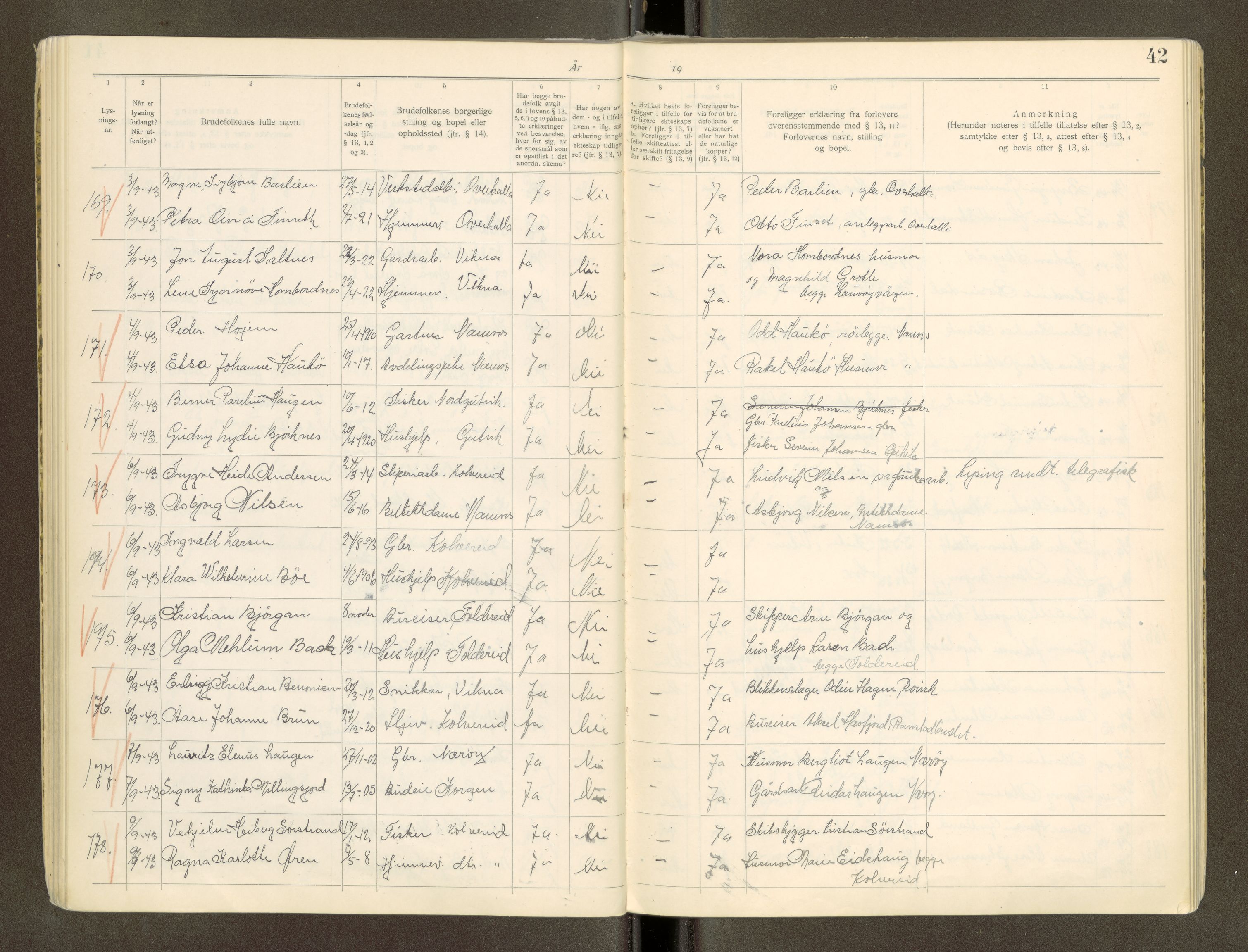 Namdal sorenskriveri, AV/SAT-A-4133/1/6/6D/L0002: Vigselbøker, 1940-1969, p. 42