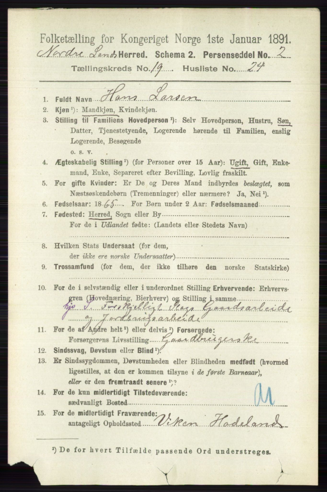 RA, 1891 census for 0538 Nordre Land, 1891, p. 4801