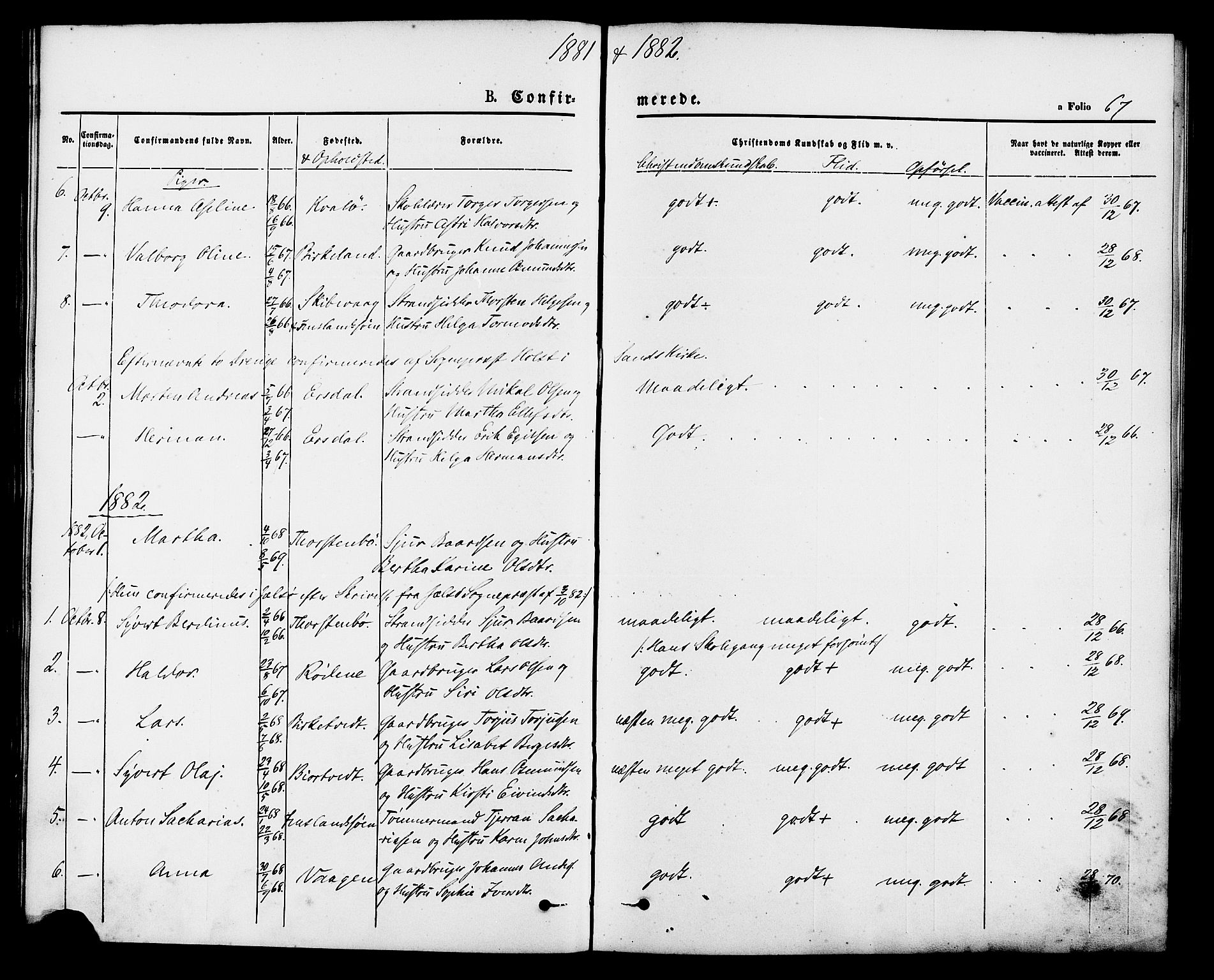 Vikedal sokneprestkontor, AV/SAST-A-101840/01/IV: Parish register (official) no. A 9, 1868-1885, p. 67