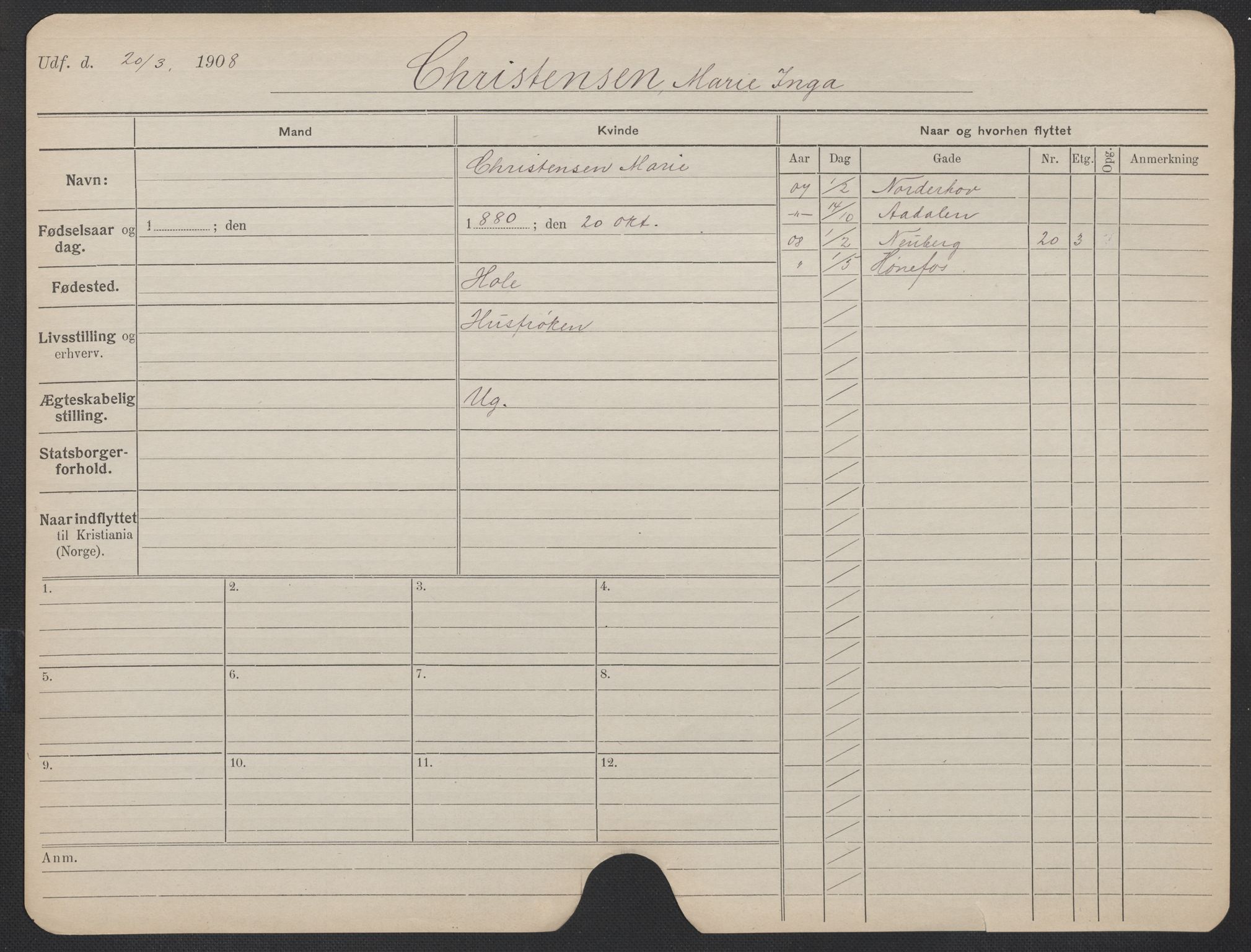 Oslo folkeregister, Registerkort, AV/SAO-A-11715/F/Fa/Fac/L0019: Kvinner, 1906-1914, p. 178a