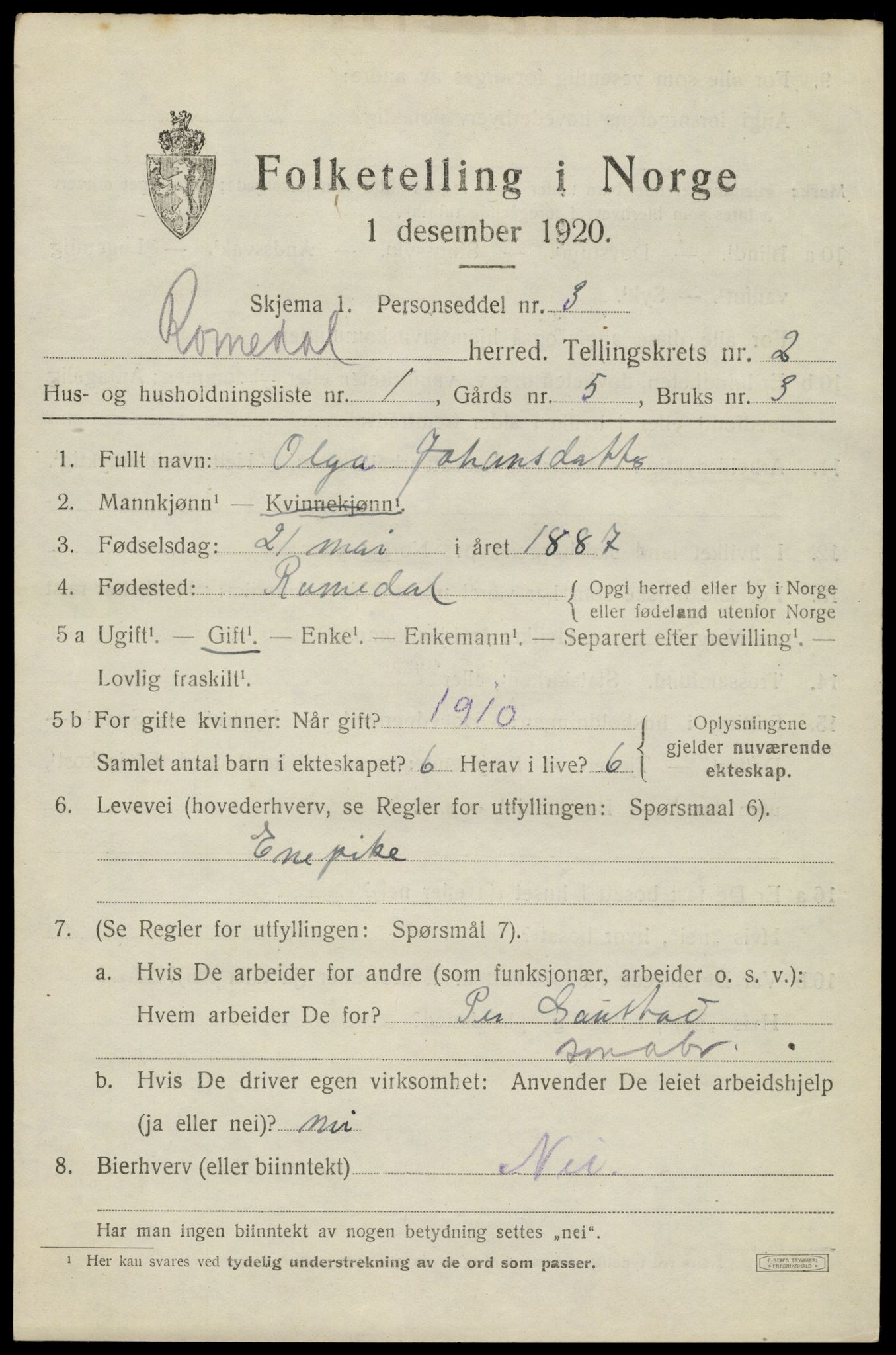 SAH, 1920 census for Romedal, 1920, p. 3147