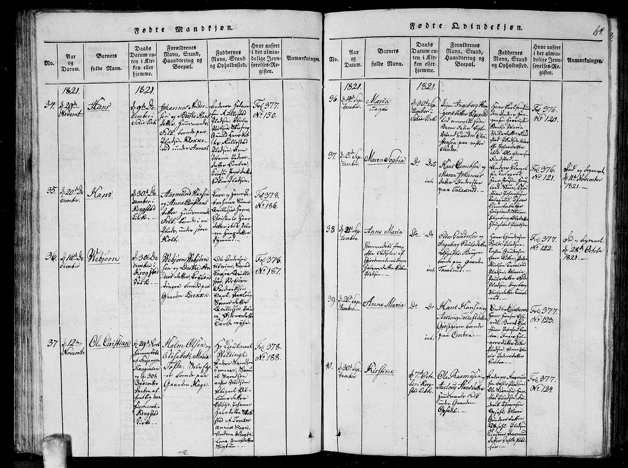 Kråkstad prestekontor Kirkebøker, AV/SAO-A-10125a/G/Ga/L0001: Parish register (copy) no. I 1, 1813-1824, p. 64