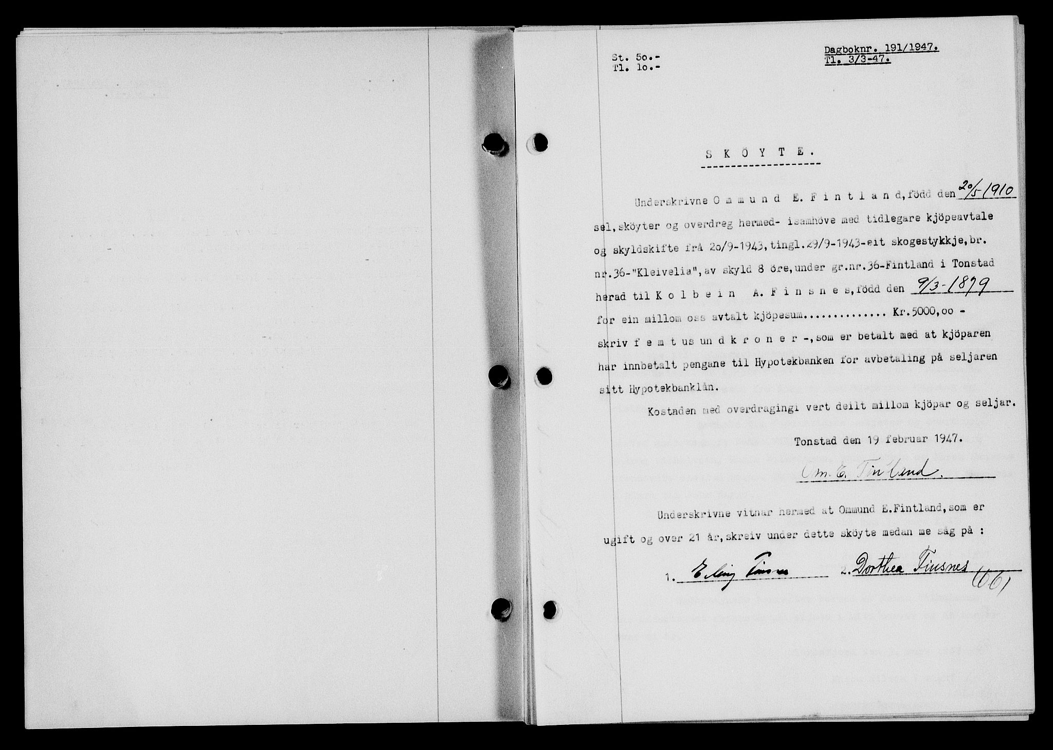 Flekkefjord sorenskriveri, SAK/1221-0001/G/Gb/Gba/L0061: Mortgage book no. A-9, 1946-1947, Diary no: : 191/1947