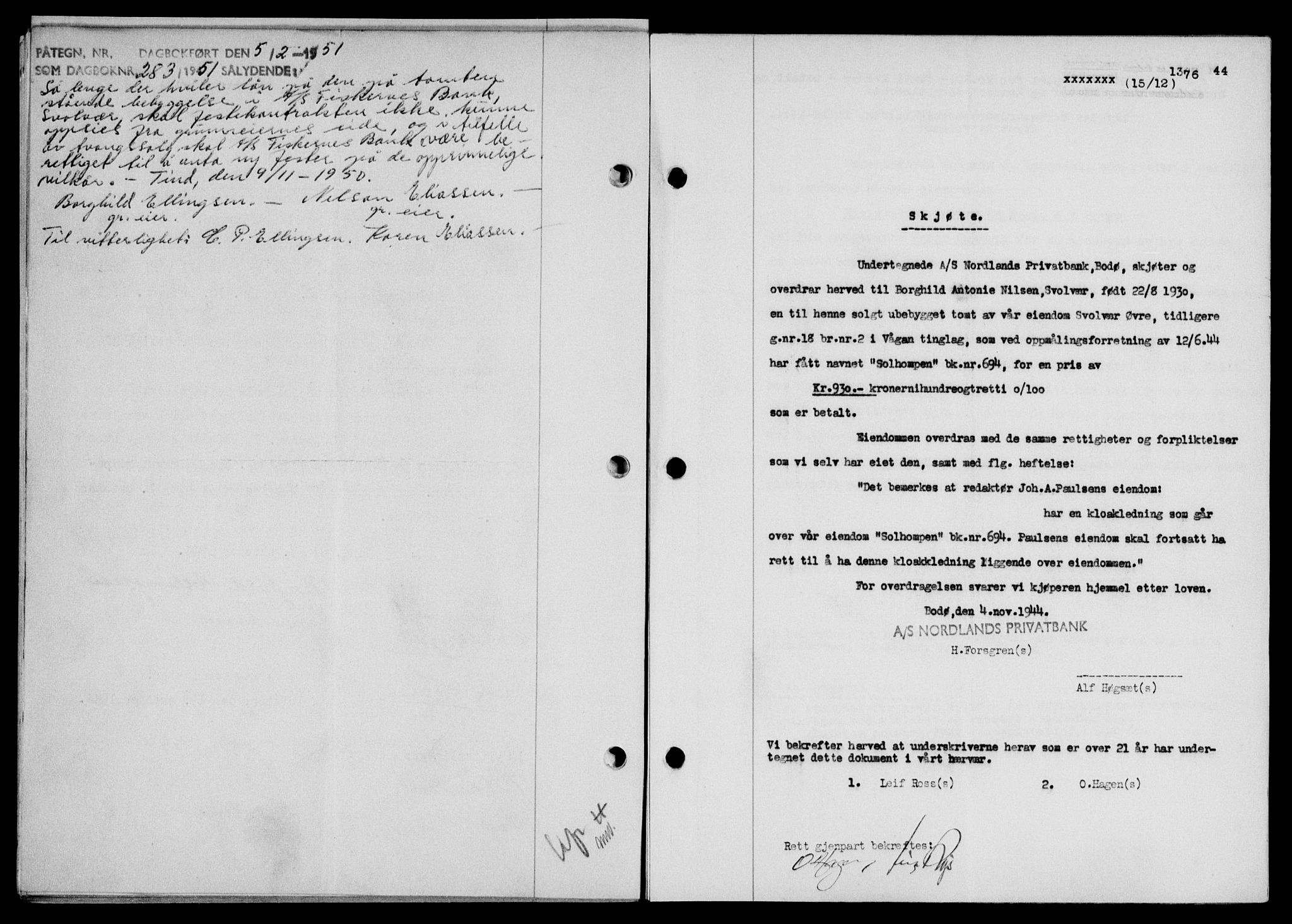 Lofoten sorenskriveri, SAT/A-0017/1/2/2C/L0013a: Mortgage book no. 13a, 1944-1946, Diary no: : 1376/1944