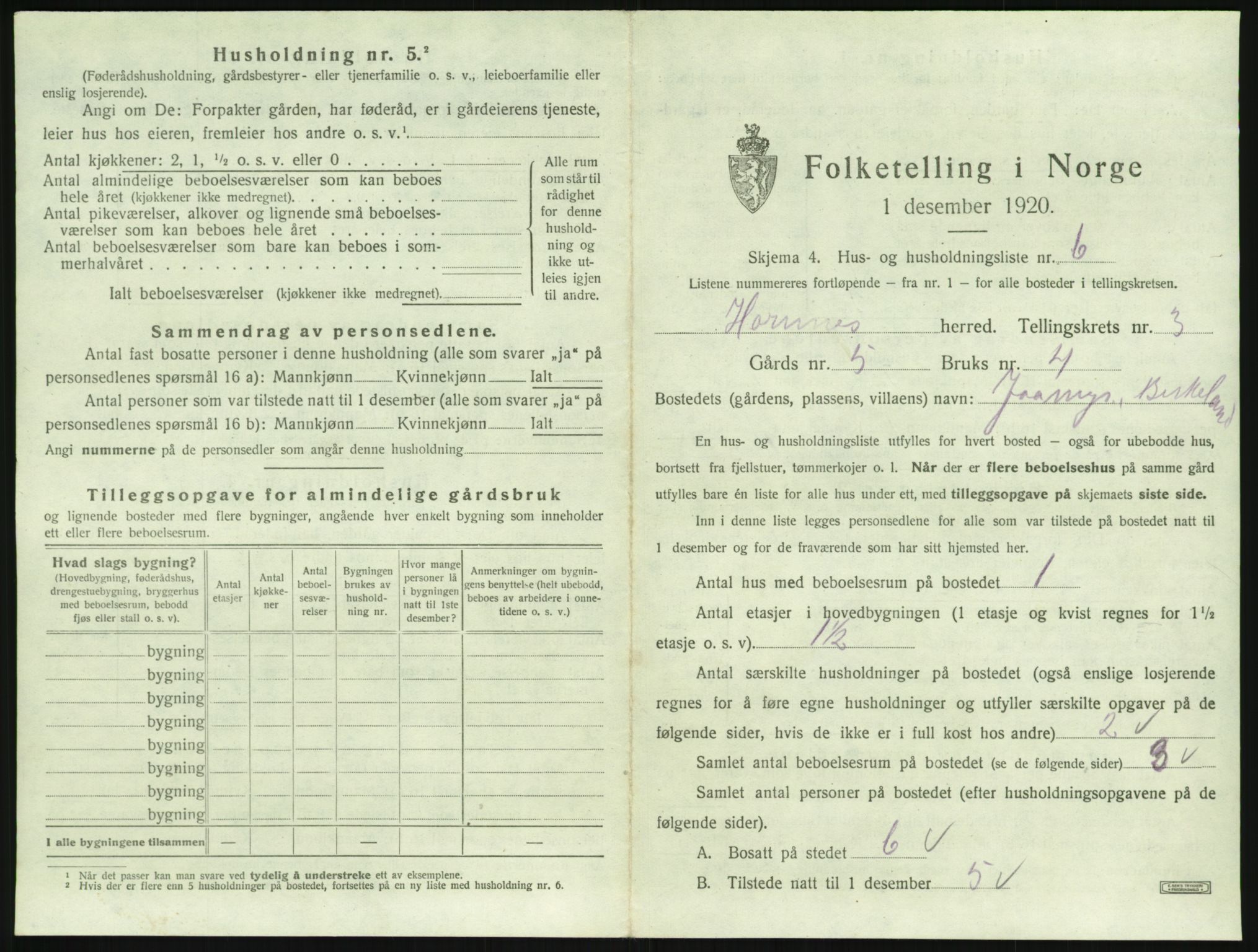 SAK, 1920 census for Hornnes, 1920, p. 127