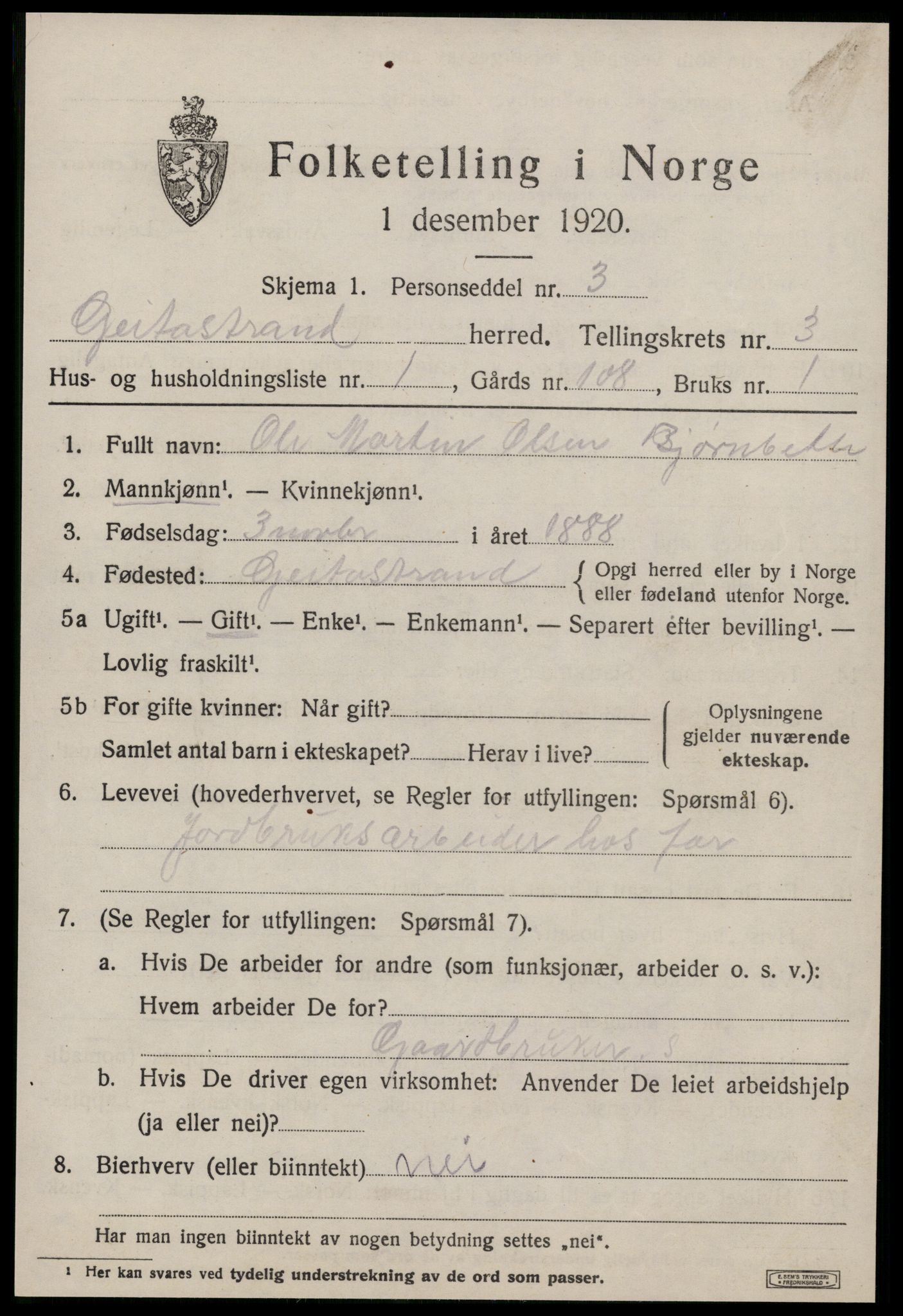 SAT, 1920 census for Geitastrand, 1920, p. 1305