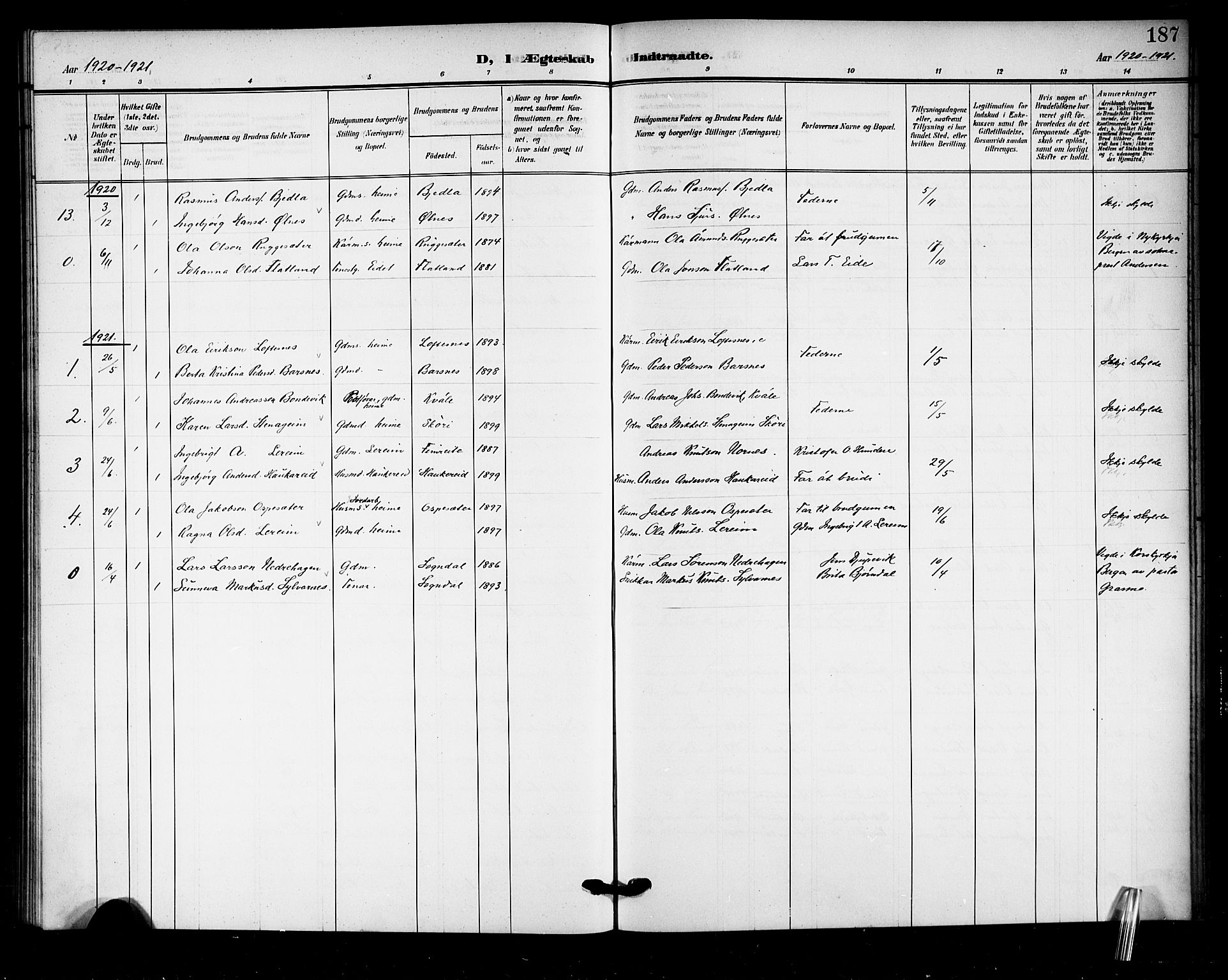 Sogndal sokneprestembete, SAB/A-81301/H/Hab/Haba/L0002: Parish register (copy) no. A 2, 1908-1924, p. 187